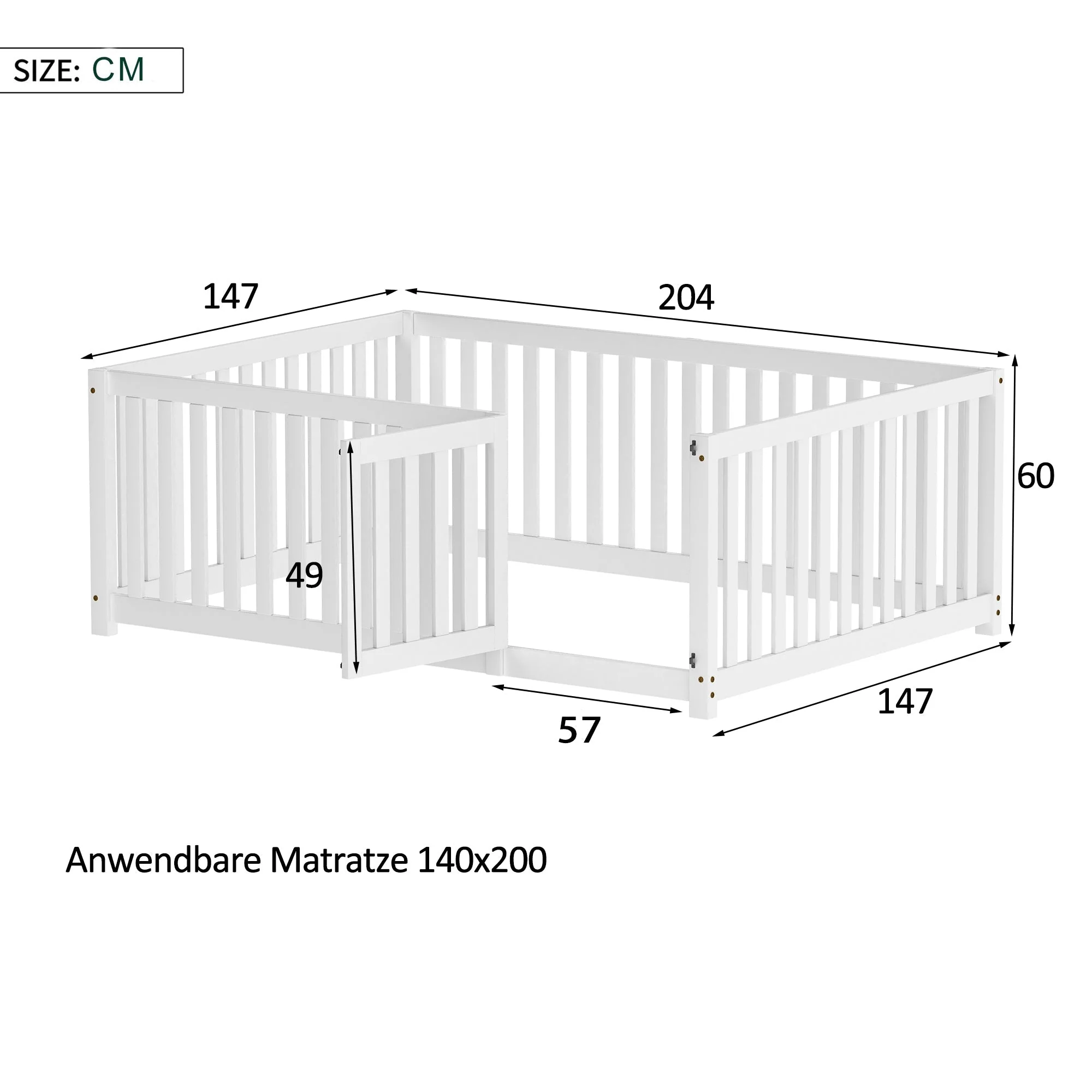Children's bed 140 x 200, wooden floor bed frame with fence and door, white - Image 7