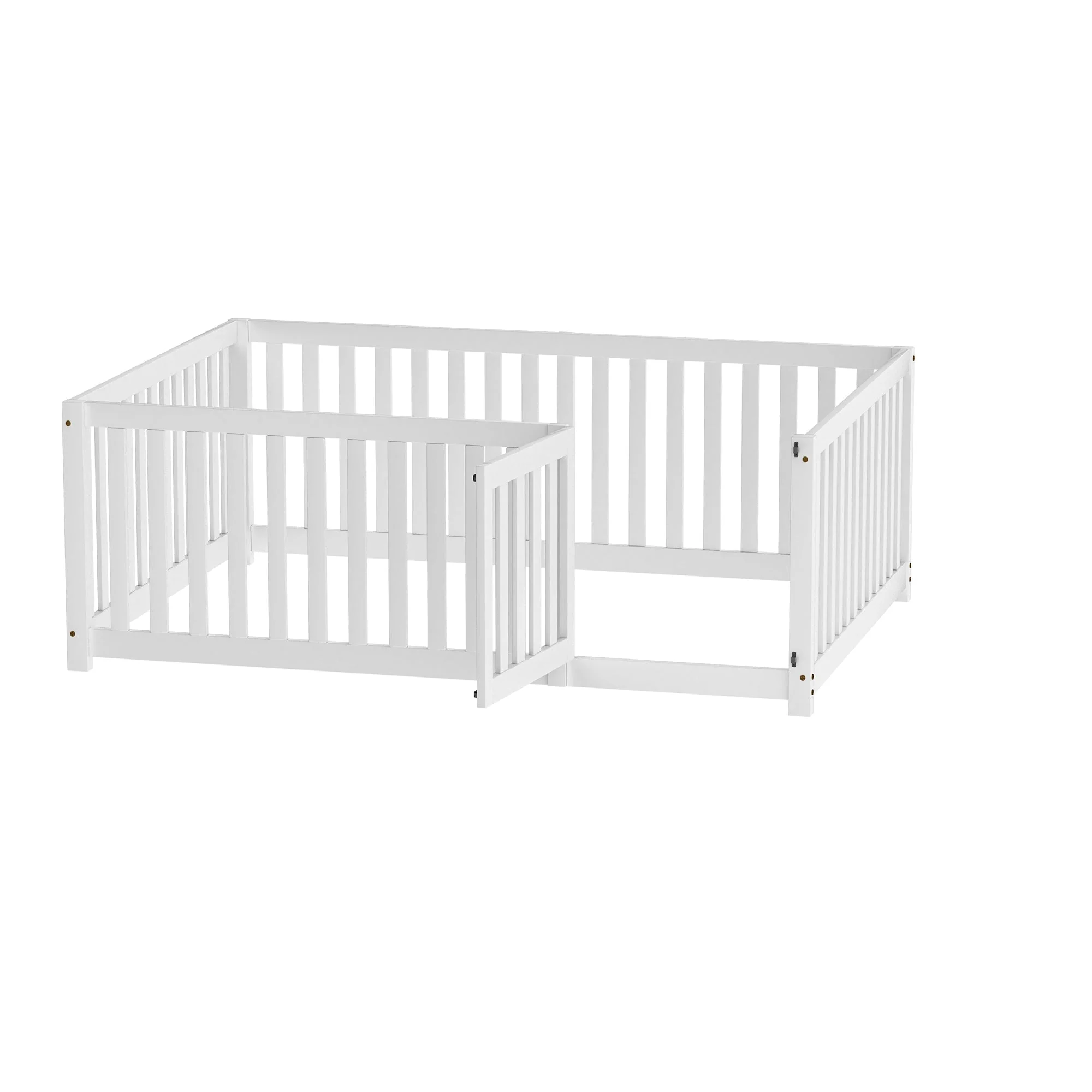 Children's bed 140 x 200, wooden floor bed frame with fence and door, white - Image 8