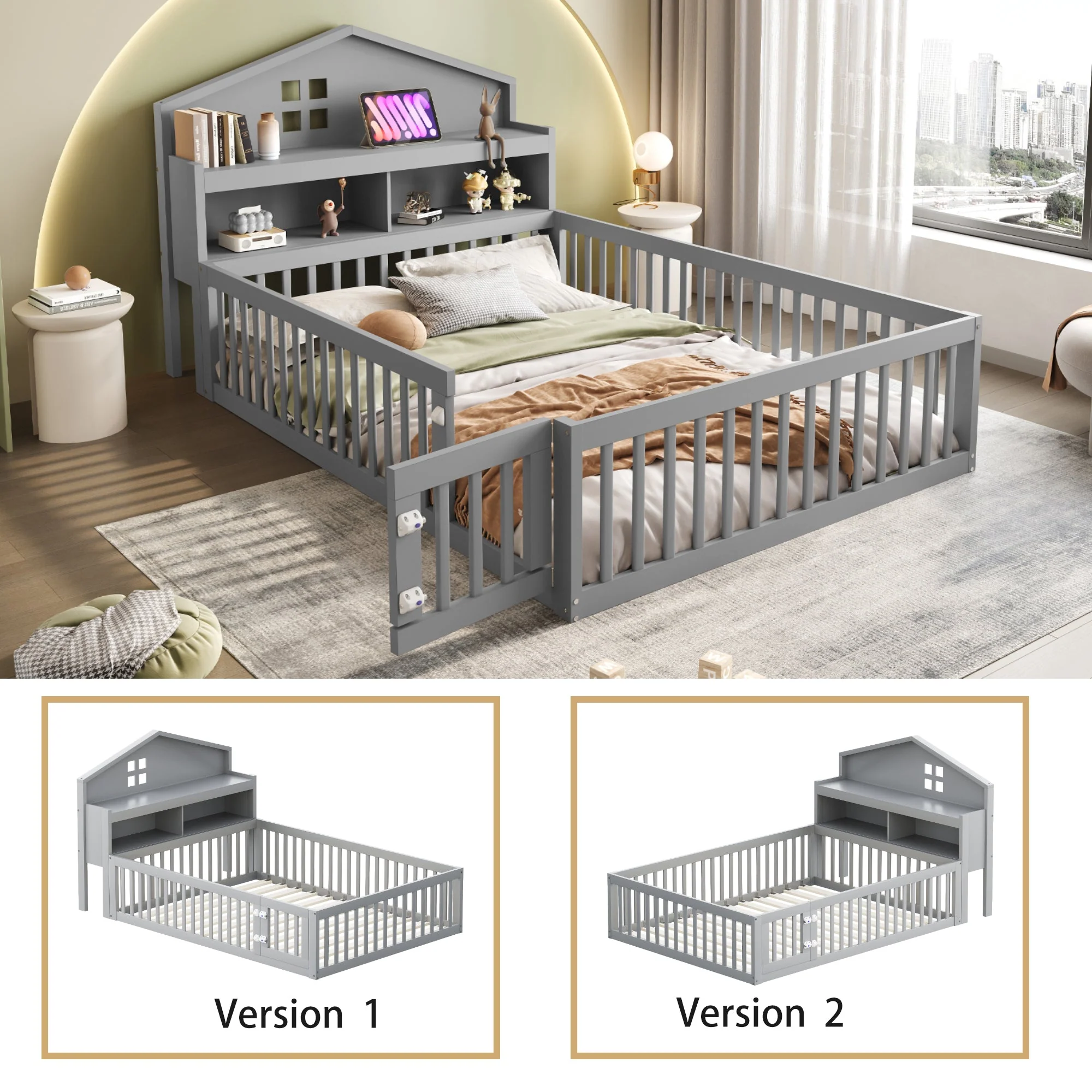 Children's Bed 140x200, House Frame with Shelves, Safety Gate & Slatted Frame, Grey Solid Wood - Image 5