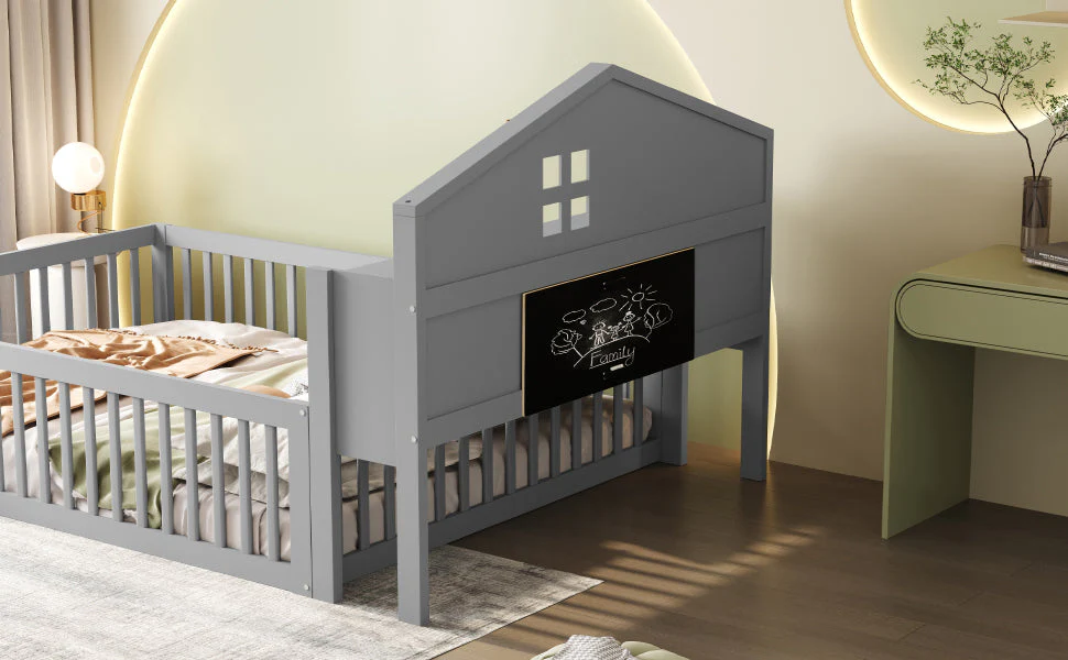 Children's Bed 140x200, House Frame with Shelves, Safety Gate & Slatted Frame, Grey Solid Wood - Image 8