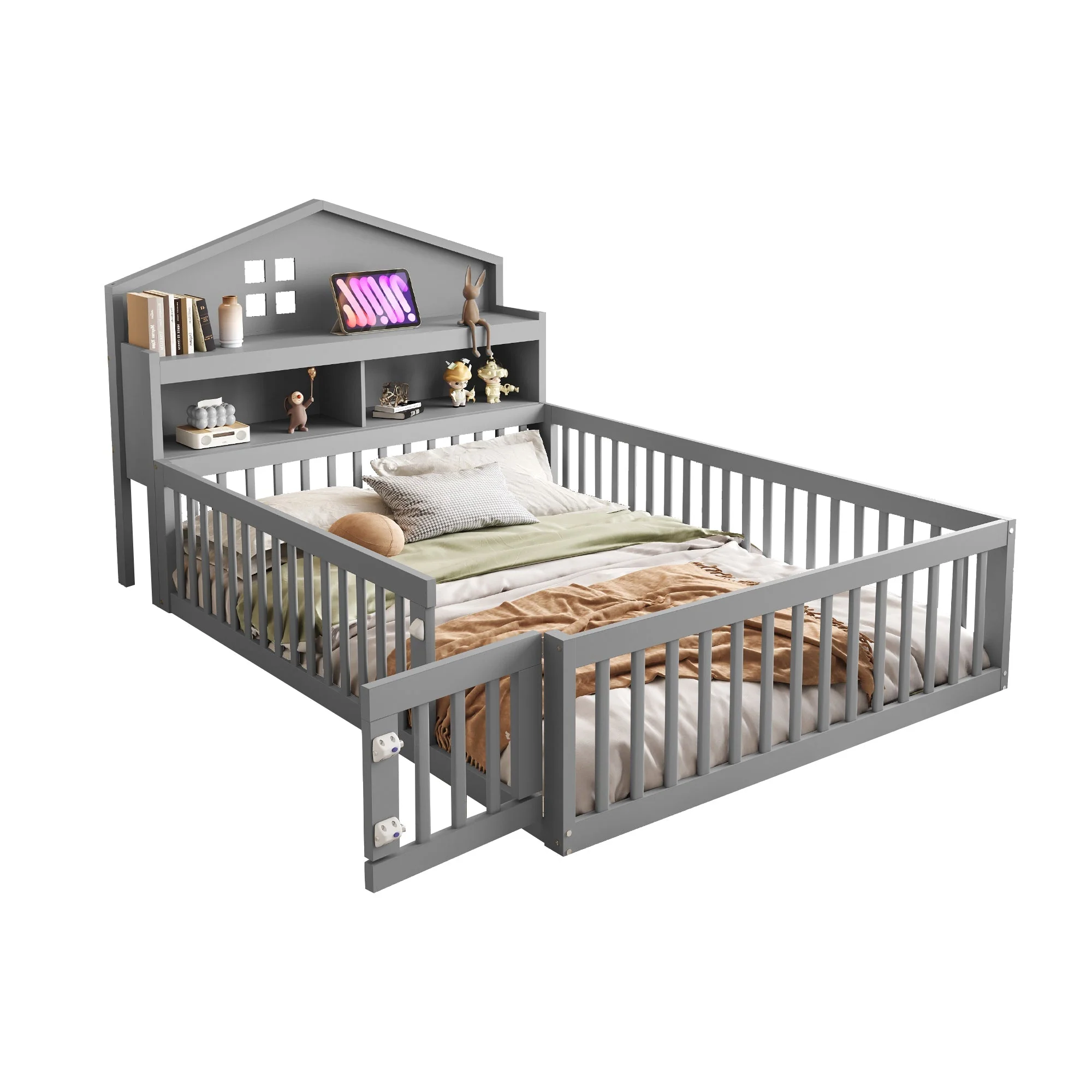 Children's Bed 140x200, House Frame with Shelves, Safety Gate & Slatted Frame, Grey Solid Wood - Image 9