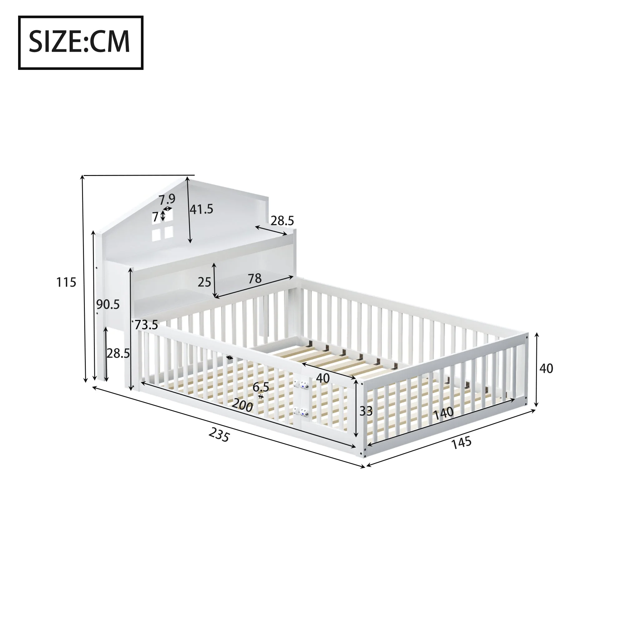 Children's Bed 140x200, Solid Wood House Frame with Shelves & Storage, White - Image 10