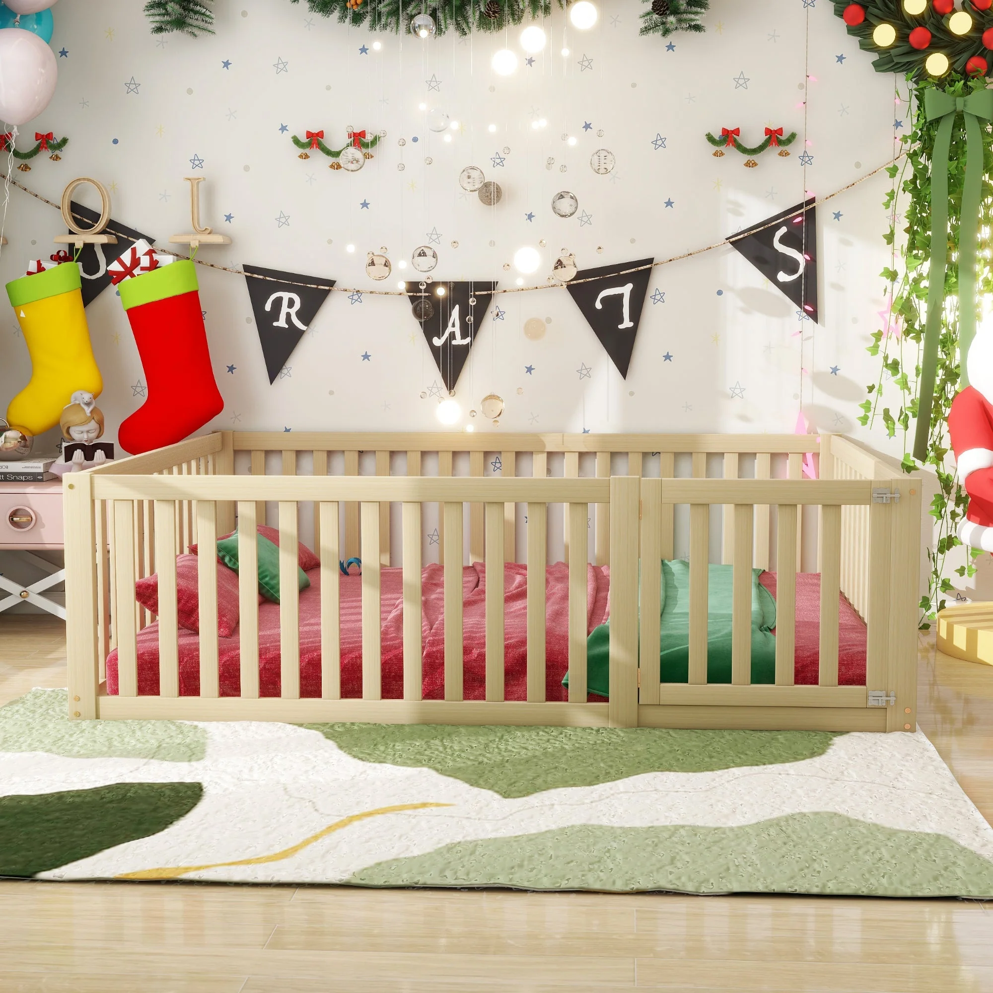 Children's bed 140x200 wooden floor bed frame with fence and door, wood color - Image 2