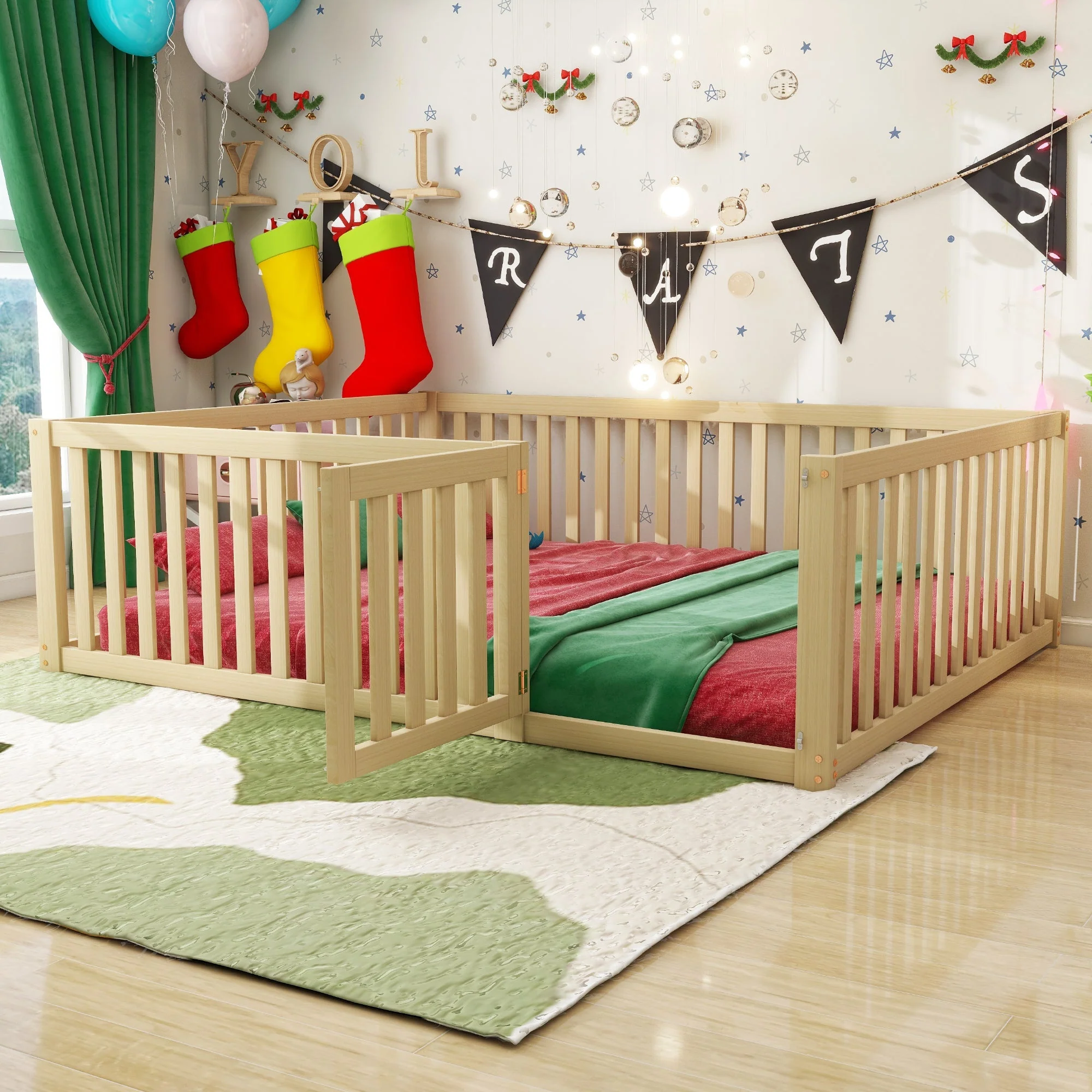 Children's bed 140x200 wooden floor bed frame with fence and door, wood color - Image 3
