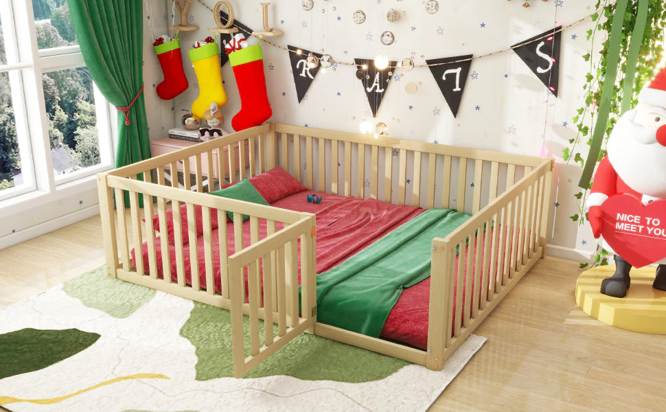 Children's bed 140x200 wooden floor bed frame with fence and door, wood color - Image 4