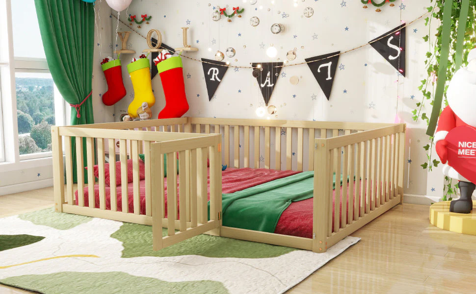 Children's bed 140x200 wooden floor bed frame with fence and door, wood color - Image 6