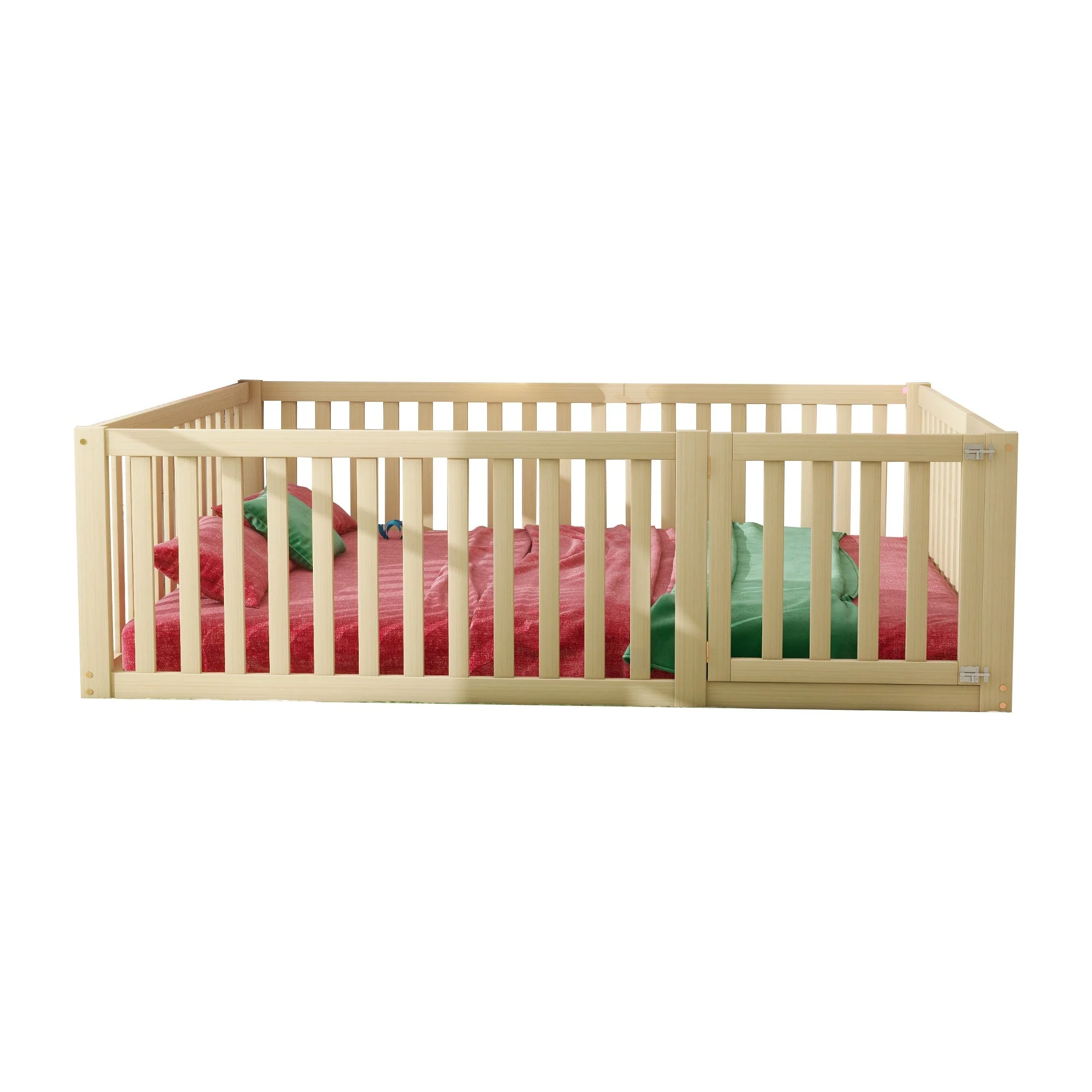Children's bed 140x200 wooden floor bed frame with fence and door, wood color - Image 7