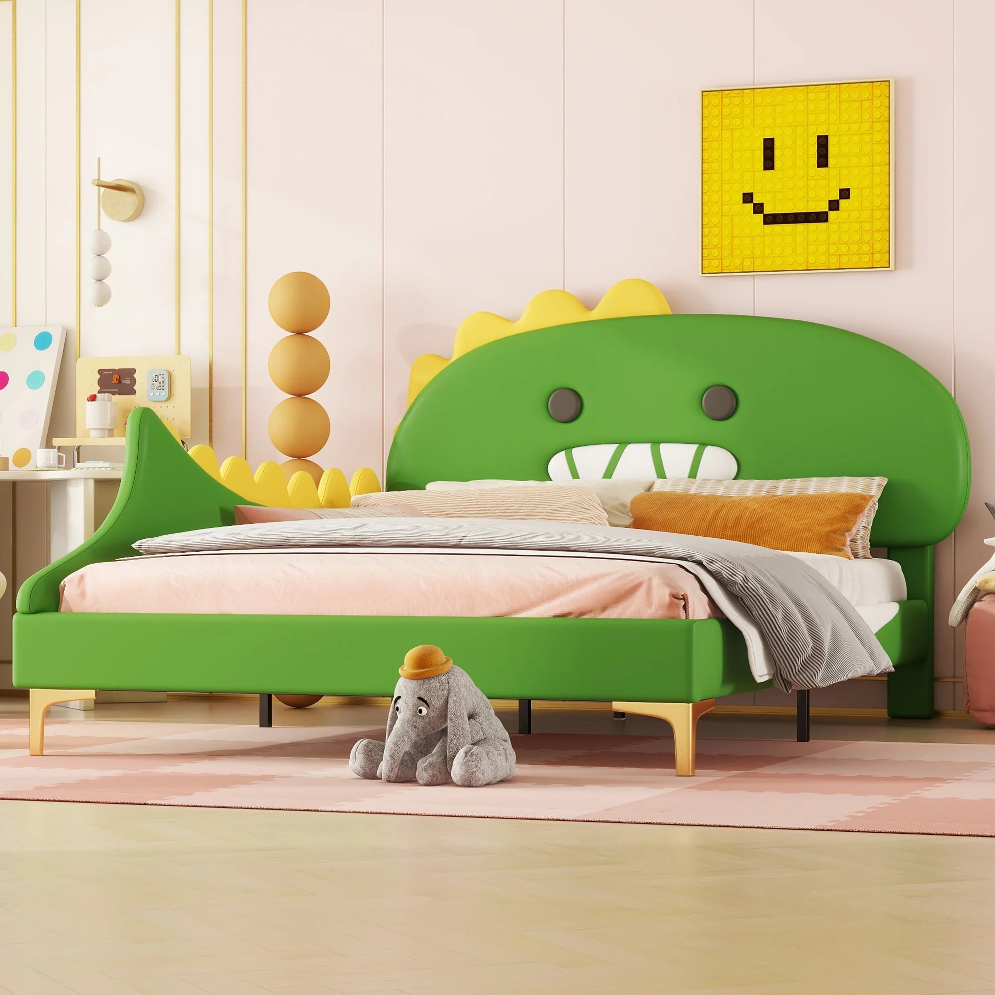 Children's Bed 140x200cm Dinosaur Shape PU - Green - Image 4