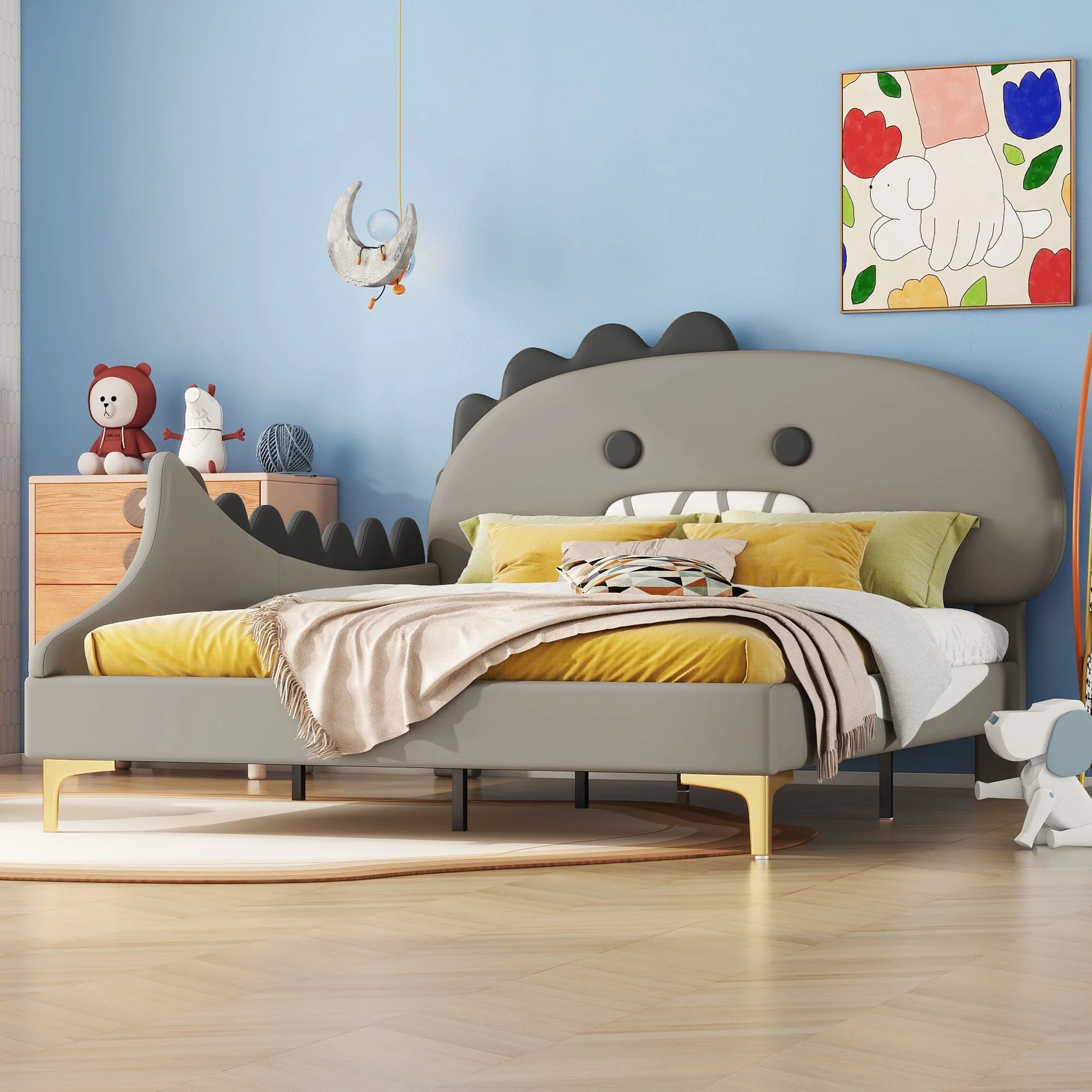 Children's Bed, 140x200cm Flat Bed Cartoon Dinosaur Shape, Grey PU Material - Image 4