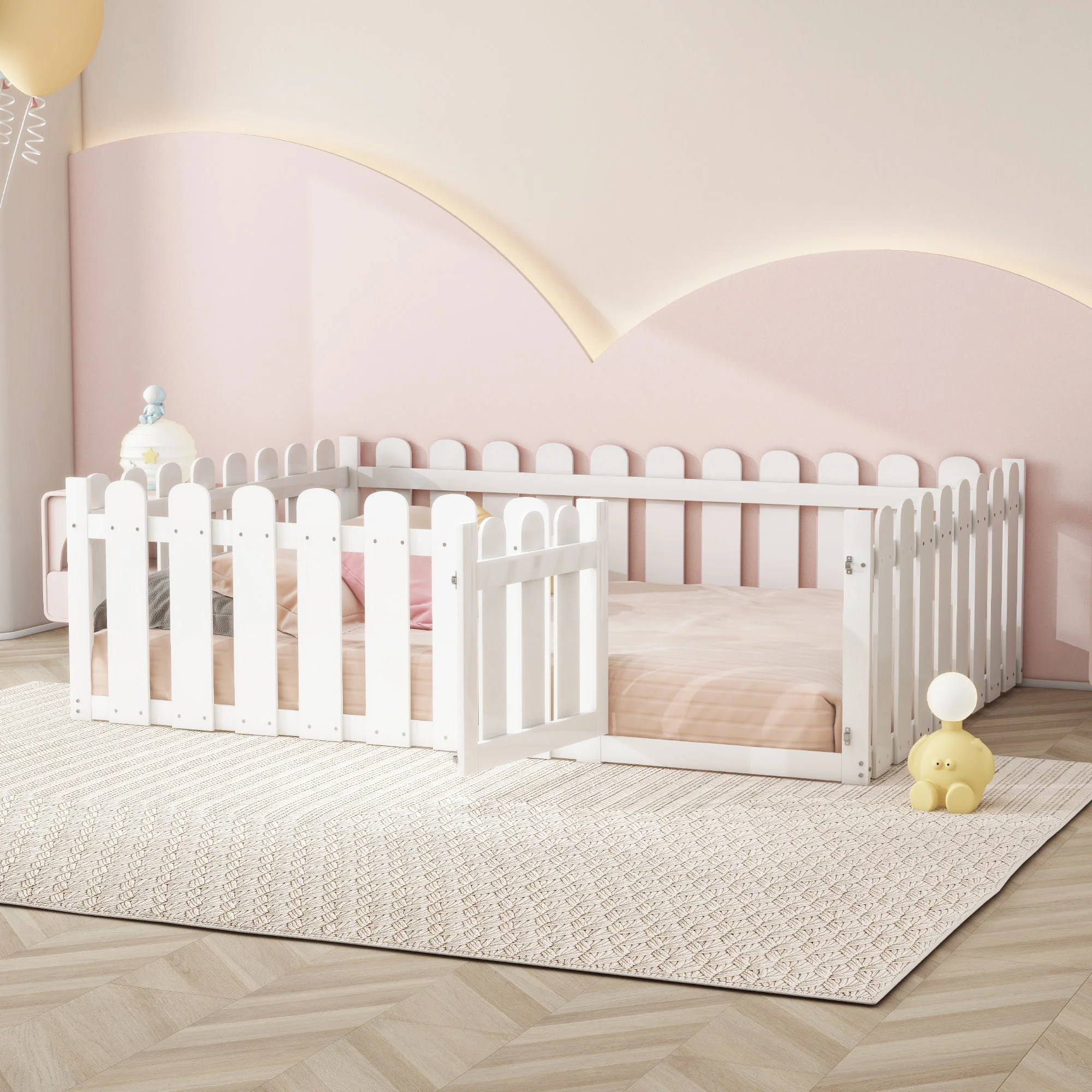 Children's Bed 140x200cm, Wooden Frame with Door & Surround, White