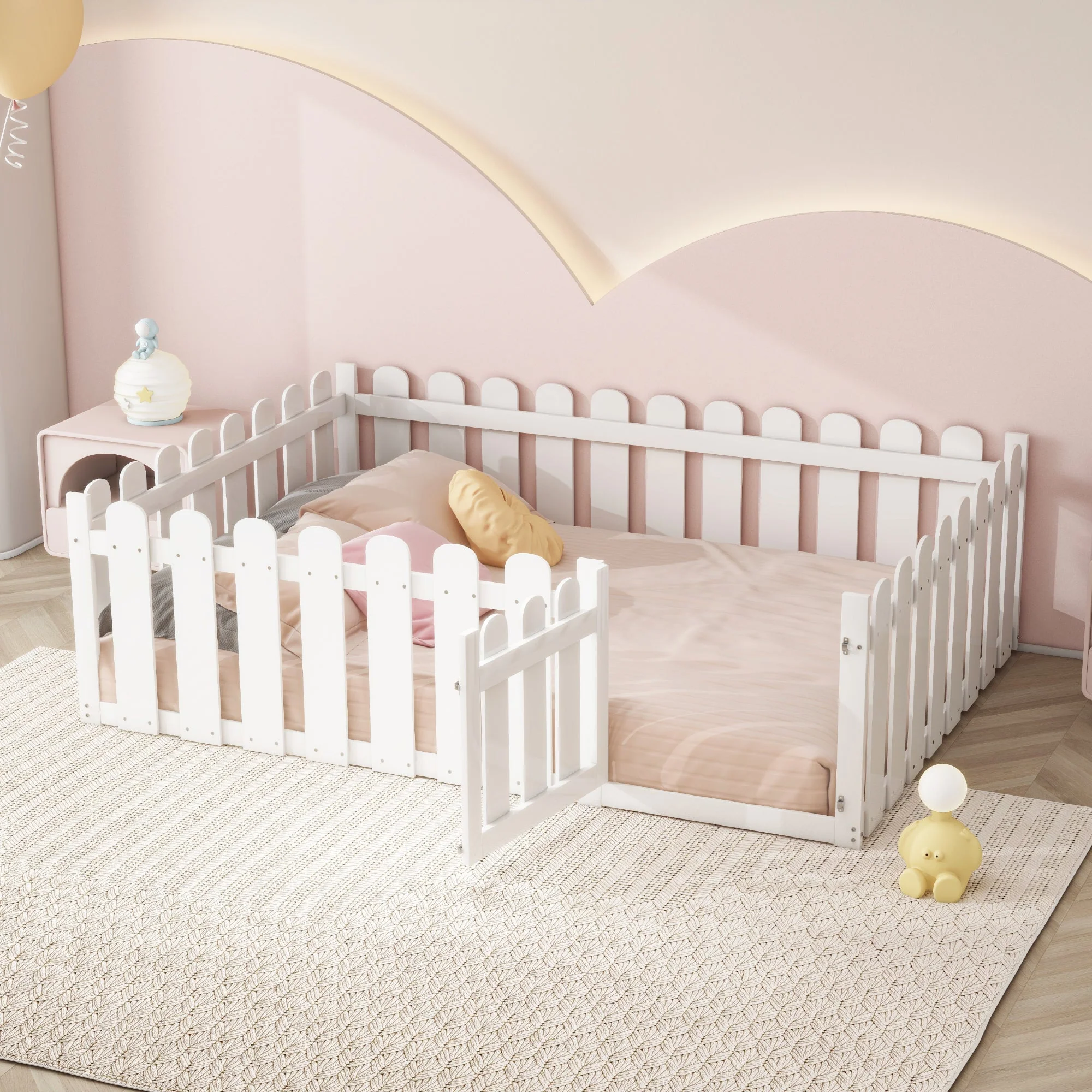 Children's Bed 140x200cm, Wooden Frame with Door & Surround, White - Image 2