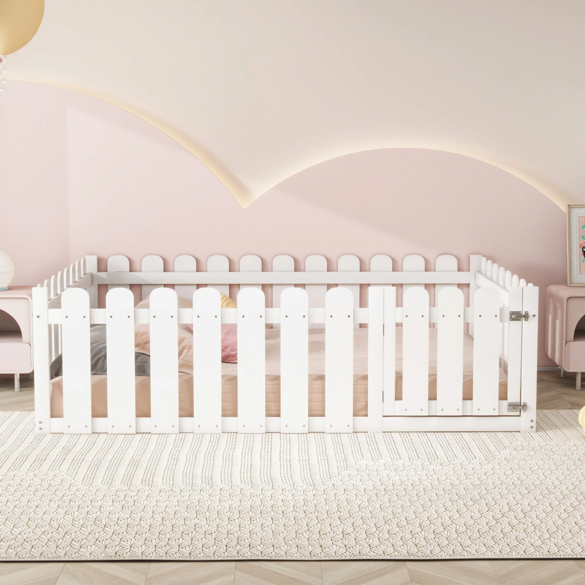 Children's Bed 140x200cm, Wooden Frame with Door & Surround, White - Image 3