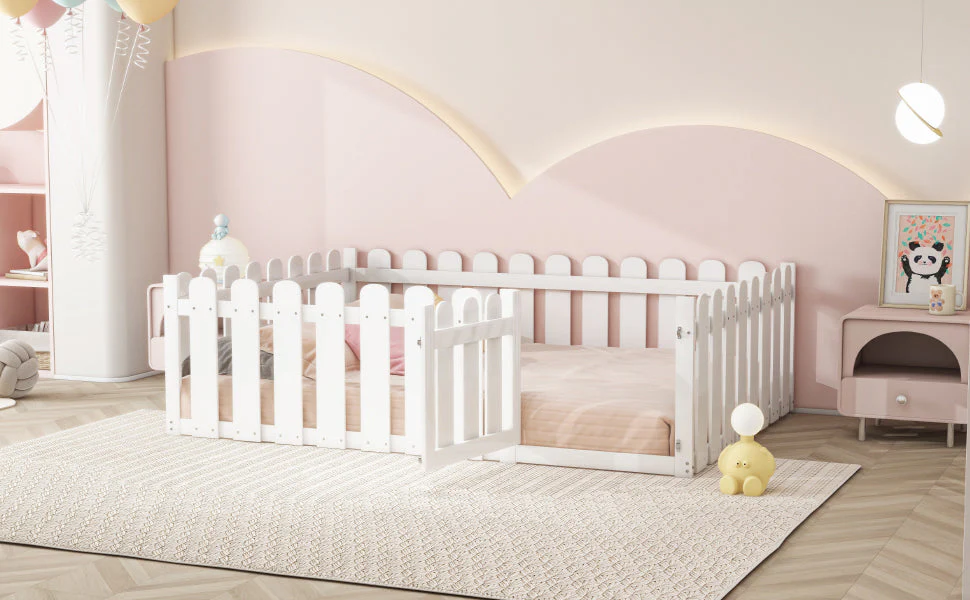 Children's Bed 140x200cm, Wooden Frame with Door & Surround, White - Image 4