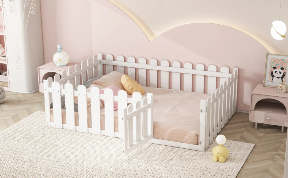 Children's Bed 140x200cm, Wooden Frame with Door & Surround, White - Image 5