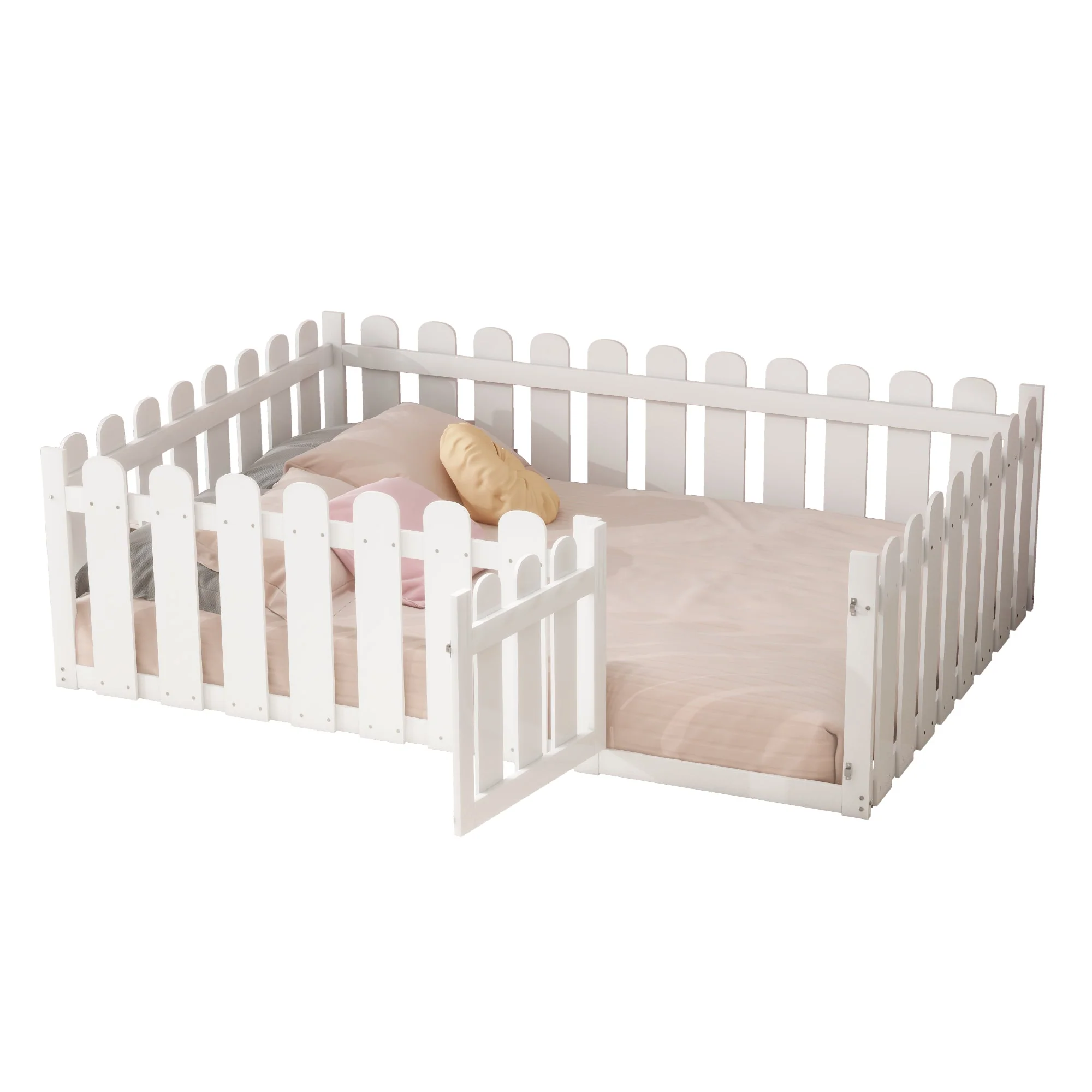 Children's Bed 140x200cm, Wooden Frame with Door & Surround, White - Image 7