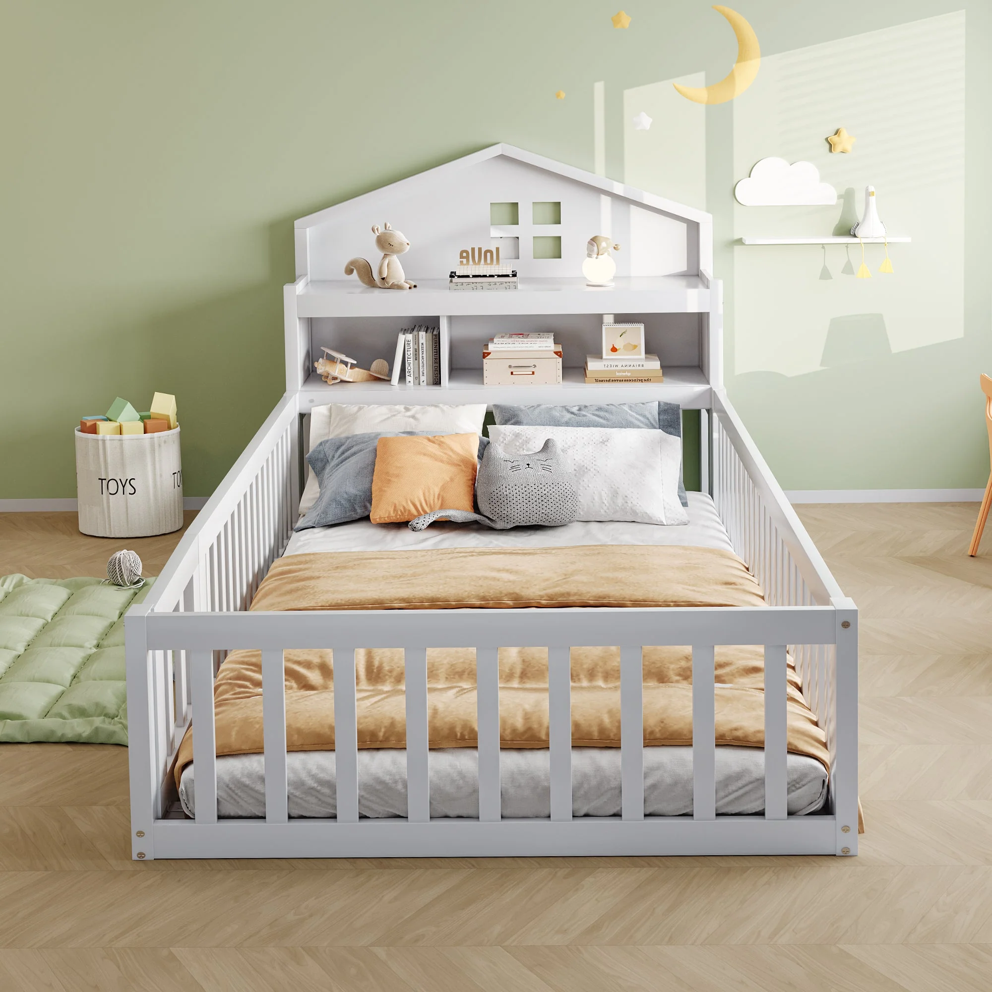 Children's Bed 90x200, Solid Wood Frame with Shelves, Storage, Safety Gate & Door, White - Image 2