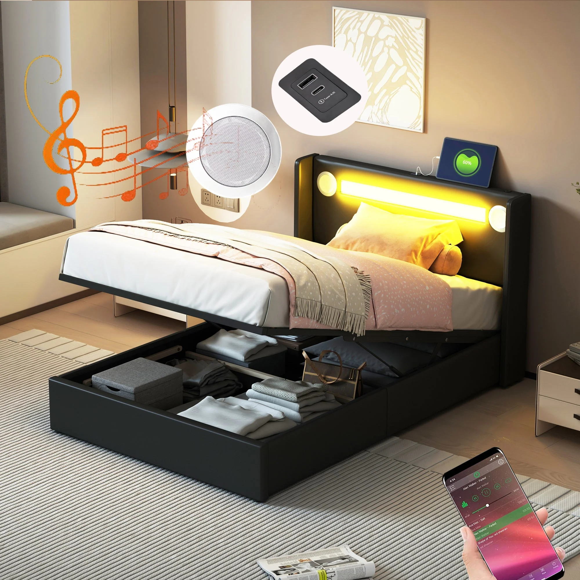 Children's Bed 90x200 with LED, Bluetooth & USB, PU Leather - Image 7