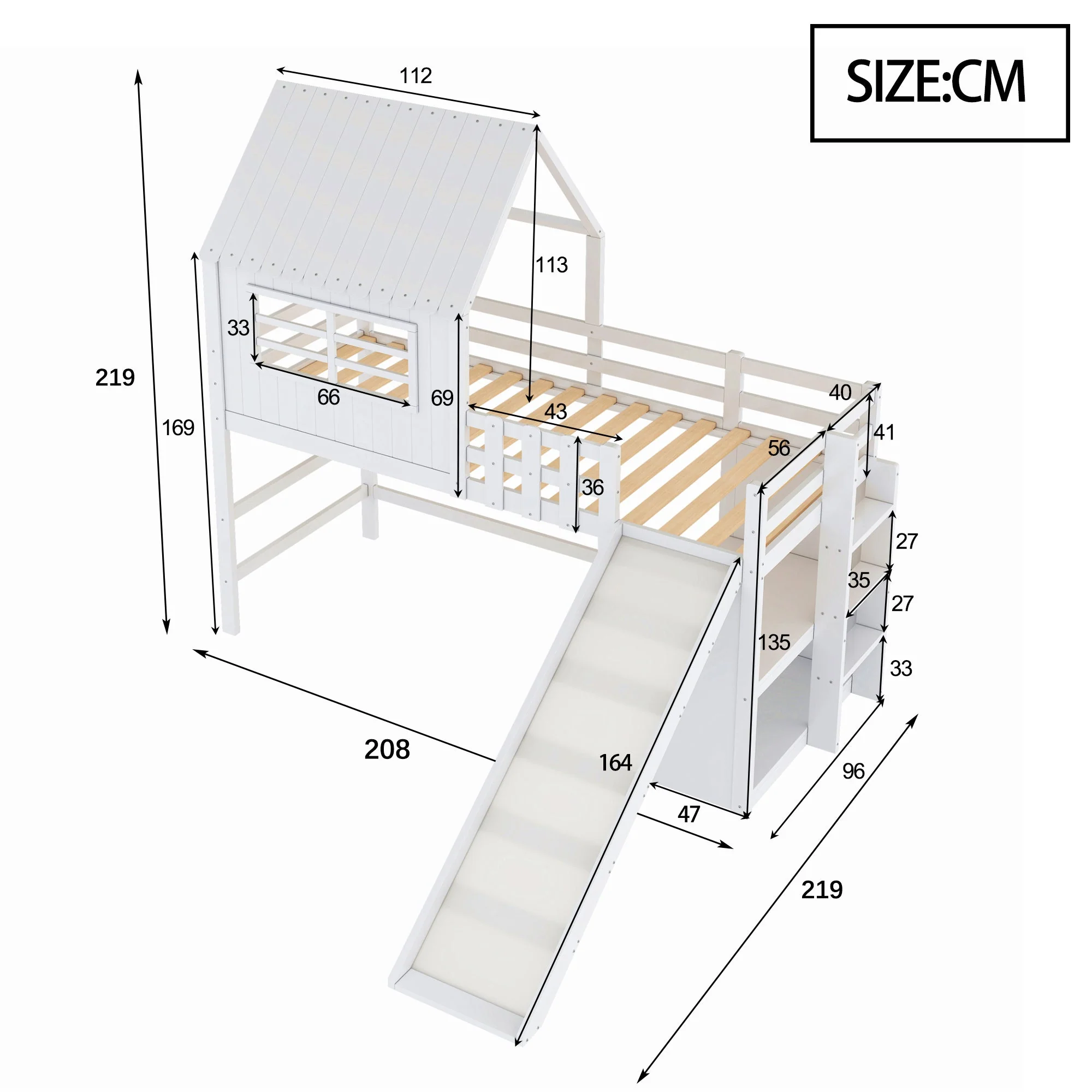 Children's Bed 90x200cm, Attic Design with Ladder, Slide & Storage, Solid Wood, White - Image 4