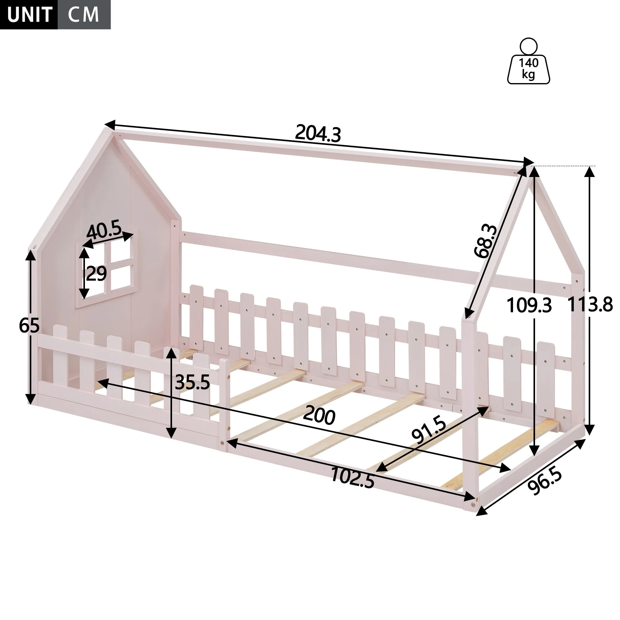 Children's Bed 90x200cm Flat Bed House Rail - Pink - Image 6