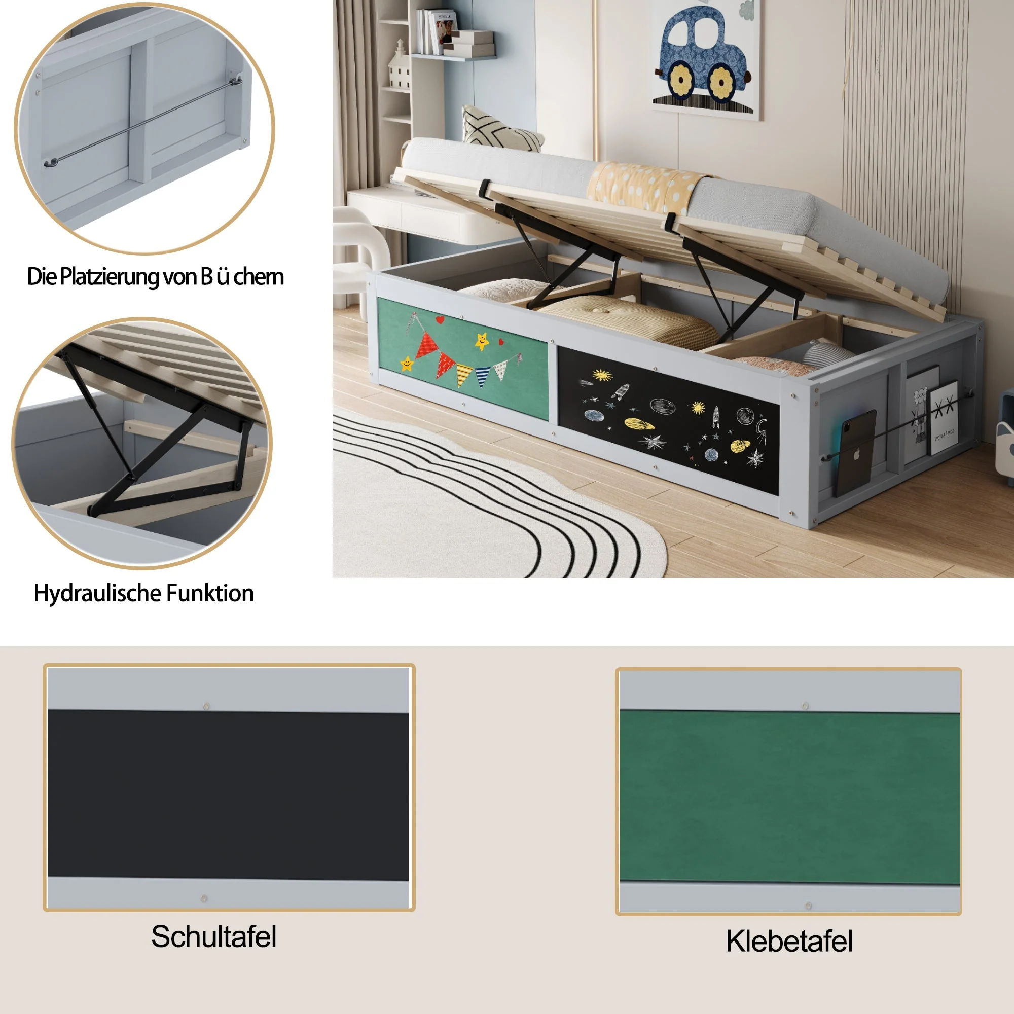 Children's Bed 90x200cm Hydraulic Adjustment Writing Surface Storage Felt Top Grey - Image 9