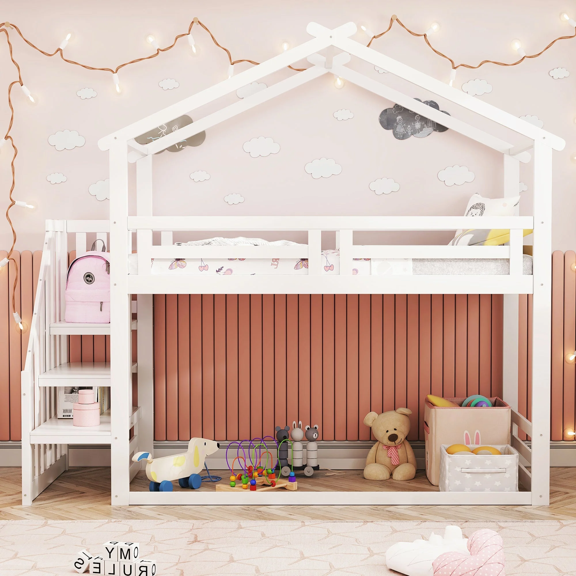 Children's Bed 90x200cm, Low Bunk Bed with Safety Stairs, Solid Wood, White - Image 3