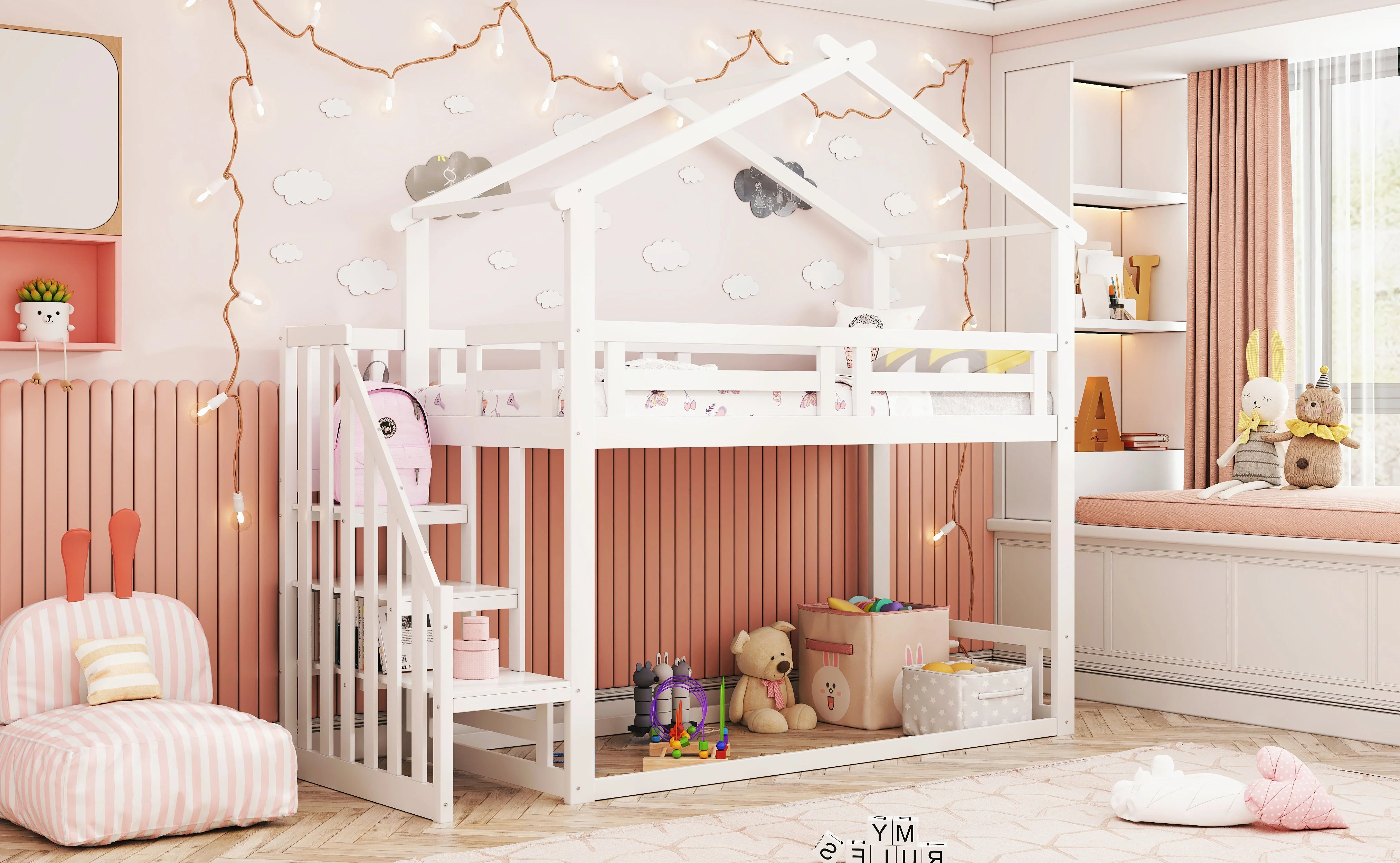 Children's Bed 90x200cm, Low Bunk Bed with Safety Stairs, Solid Wood, White - Image 6
