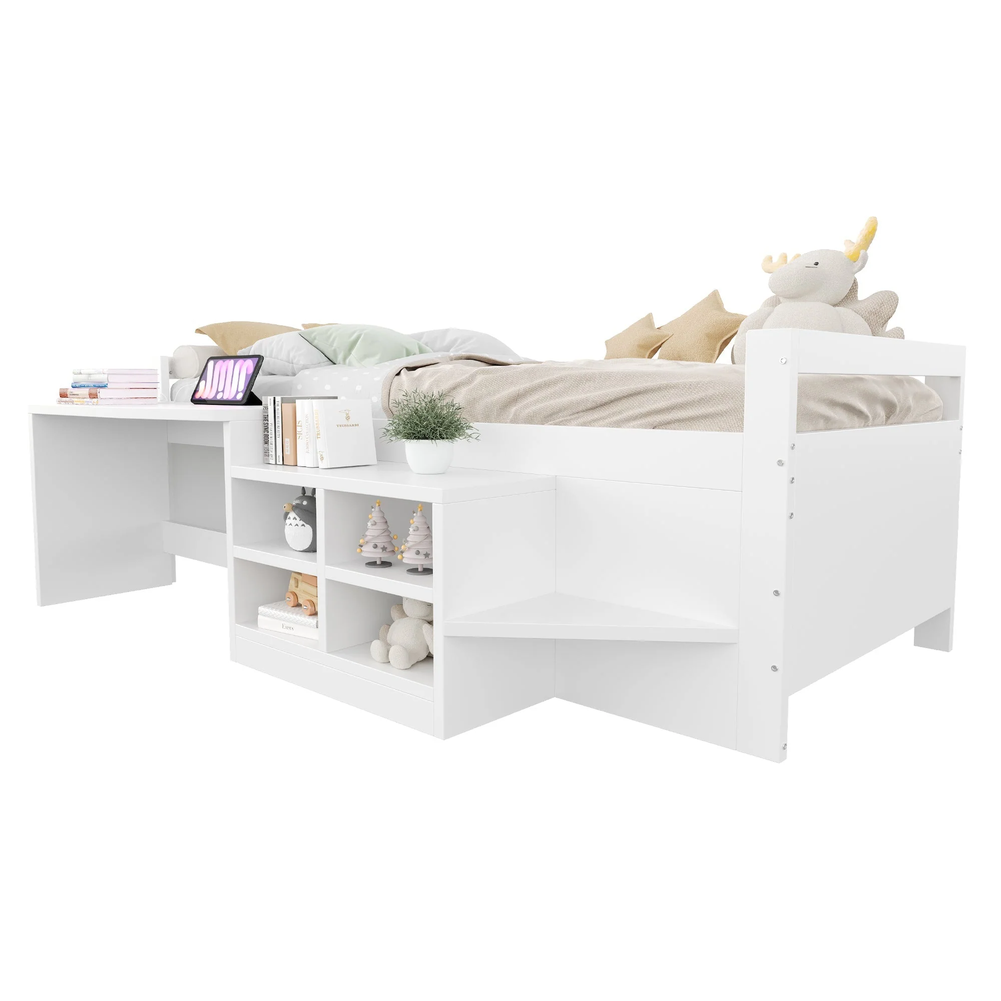 Children's Bed 90x200cm, Storage & Desk with Sockets, Wooden White - Image 6