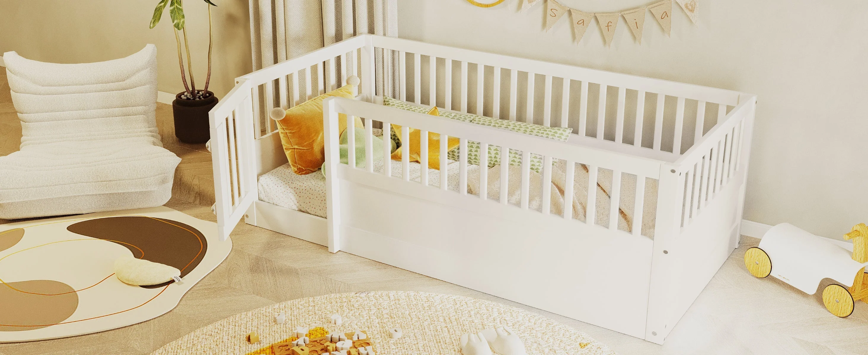 Children's Bed 90x200cm with Railing and Door, White Wood - Image 5