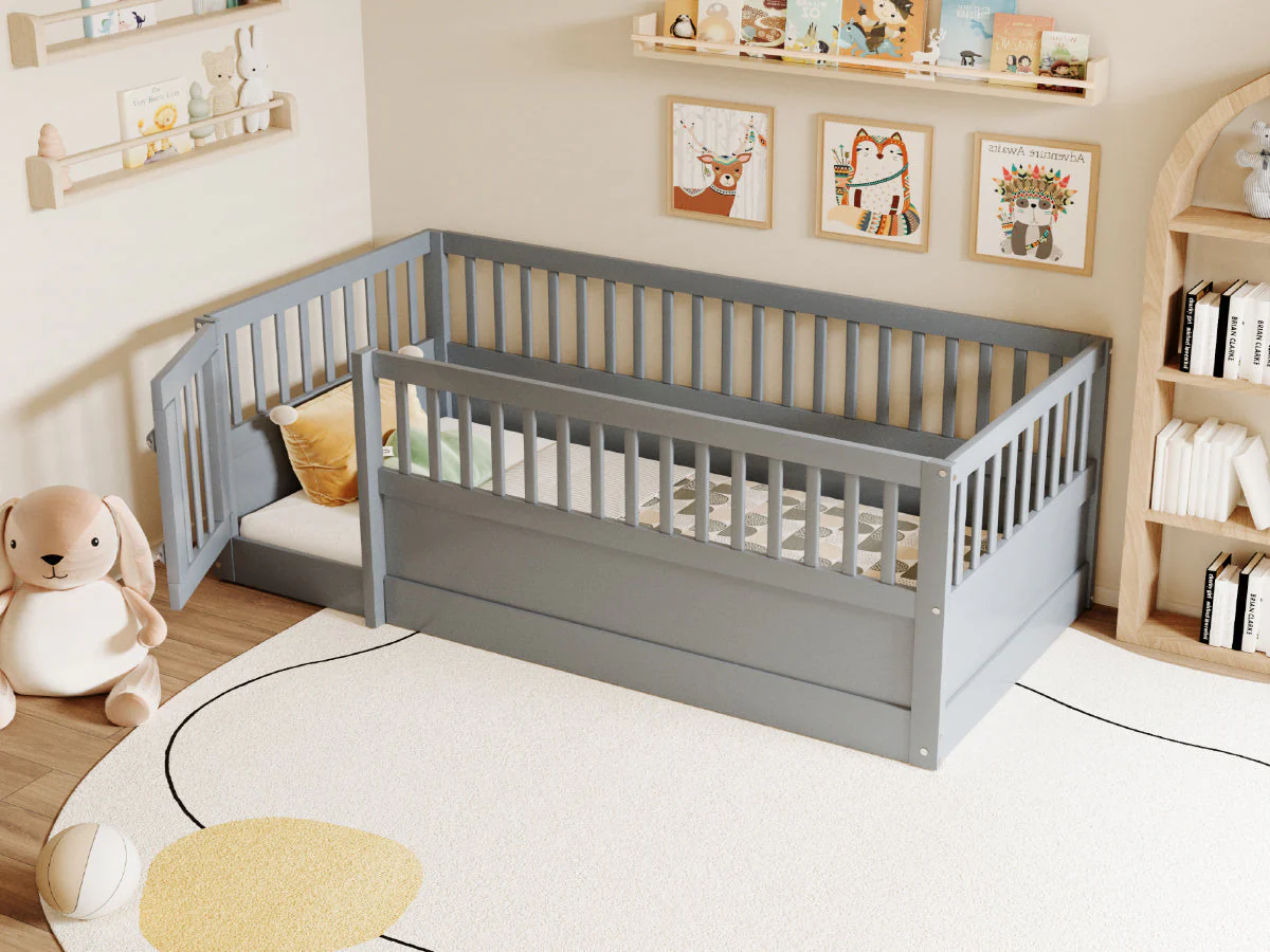 Children's Bed 90x200cm with Railing and Door, Wood, Grey - Image 5