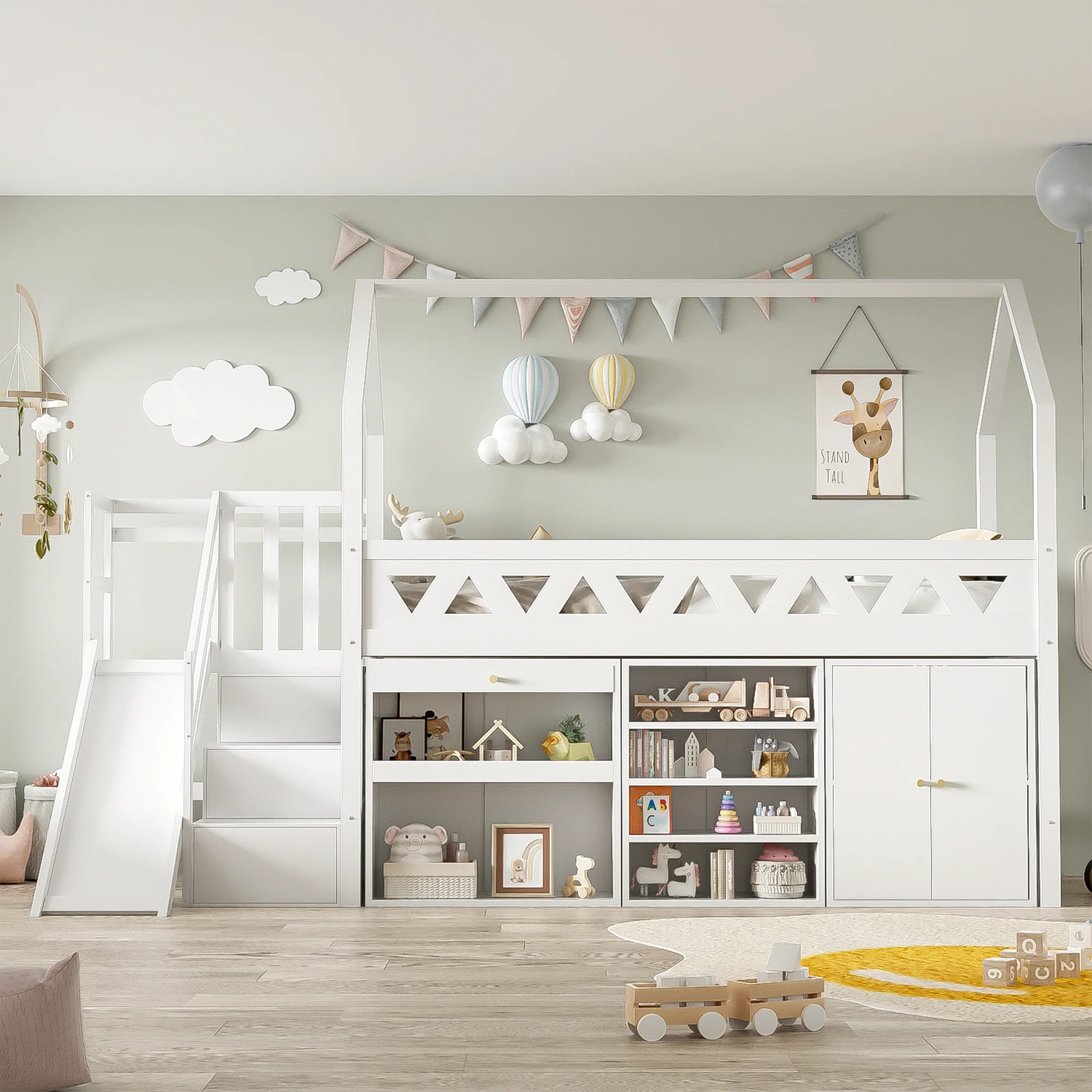 Children's Bed 90x200cm with Slide Stairs Drawers Locker - Solid Wood White - Image 3