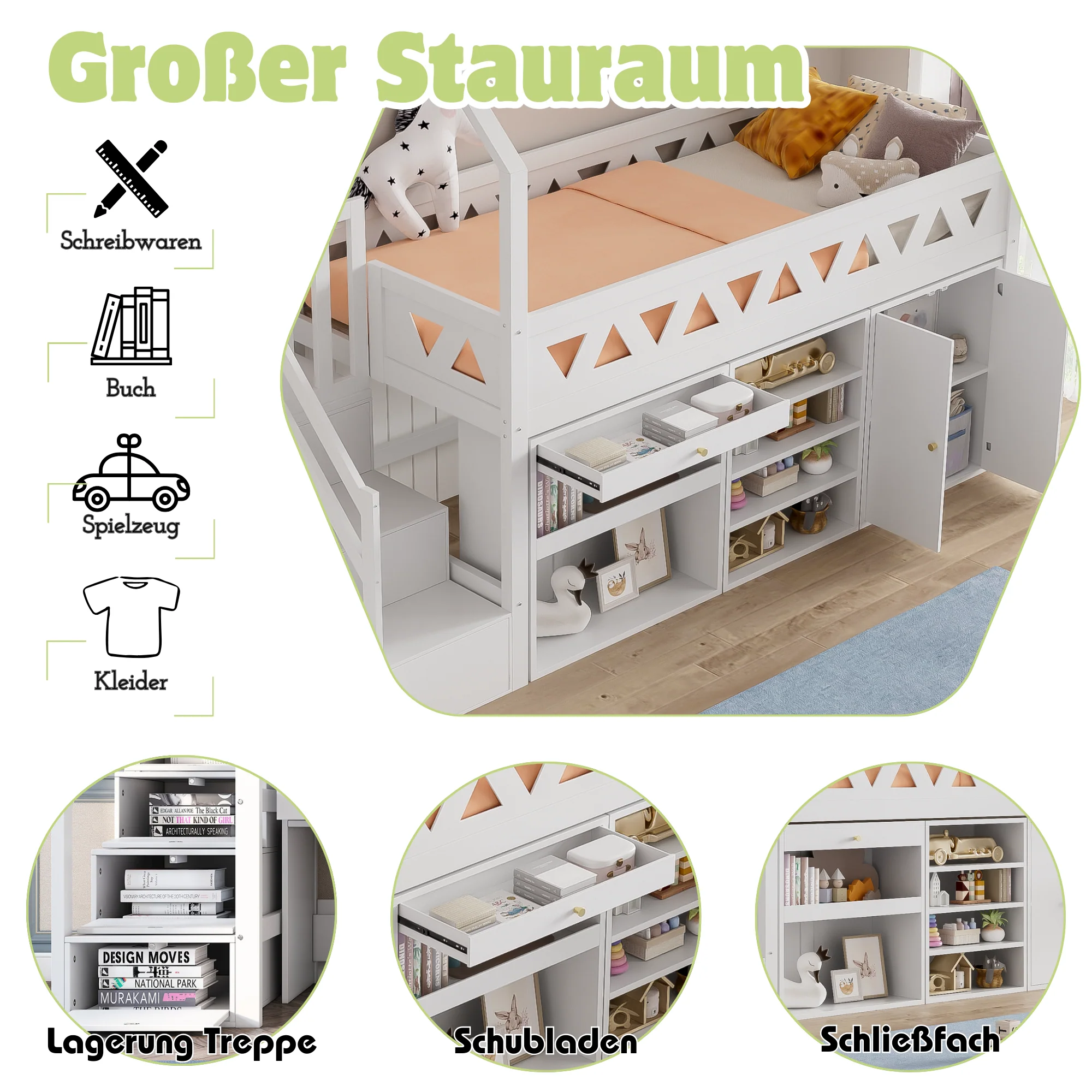 Children's Bed 90x200cm with Slide Stairs Drawers Locker - Solid Wood White - Image 6