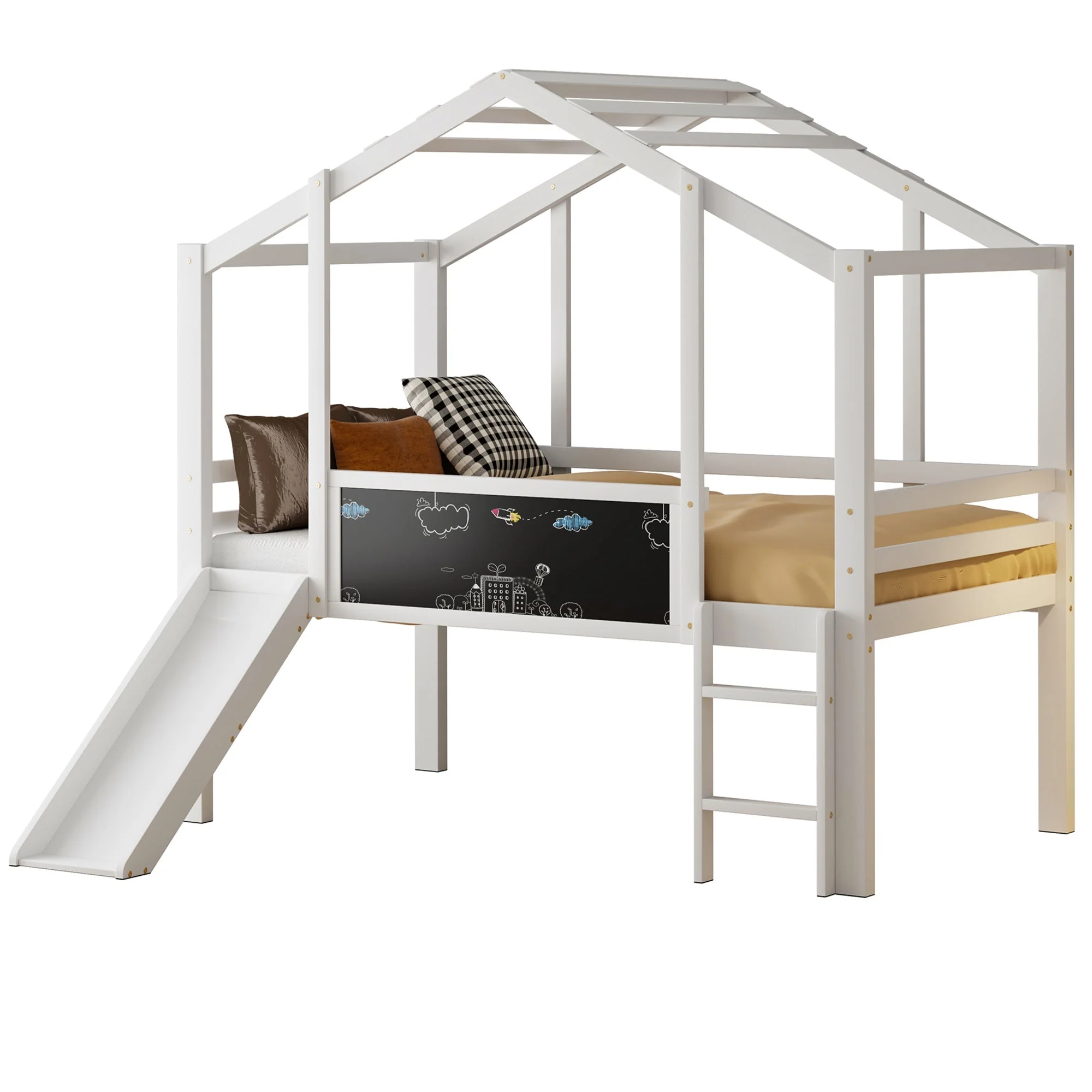 Children's Bed Attic Design, Ladder, Slide, Graffiti Board, Multifunctional Solid Wood, White - Image 6