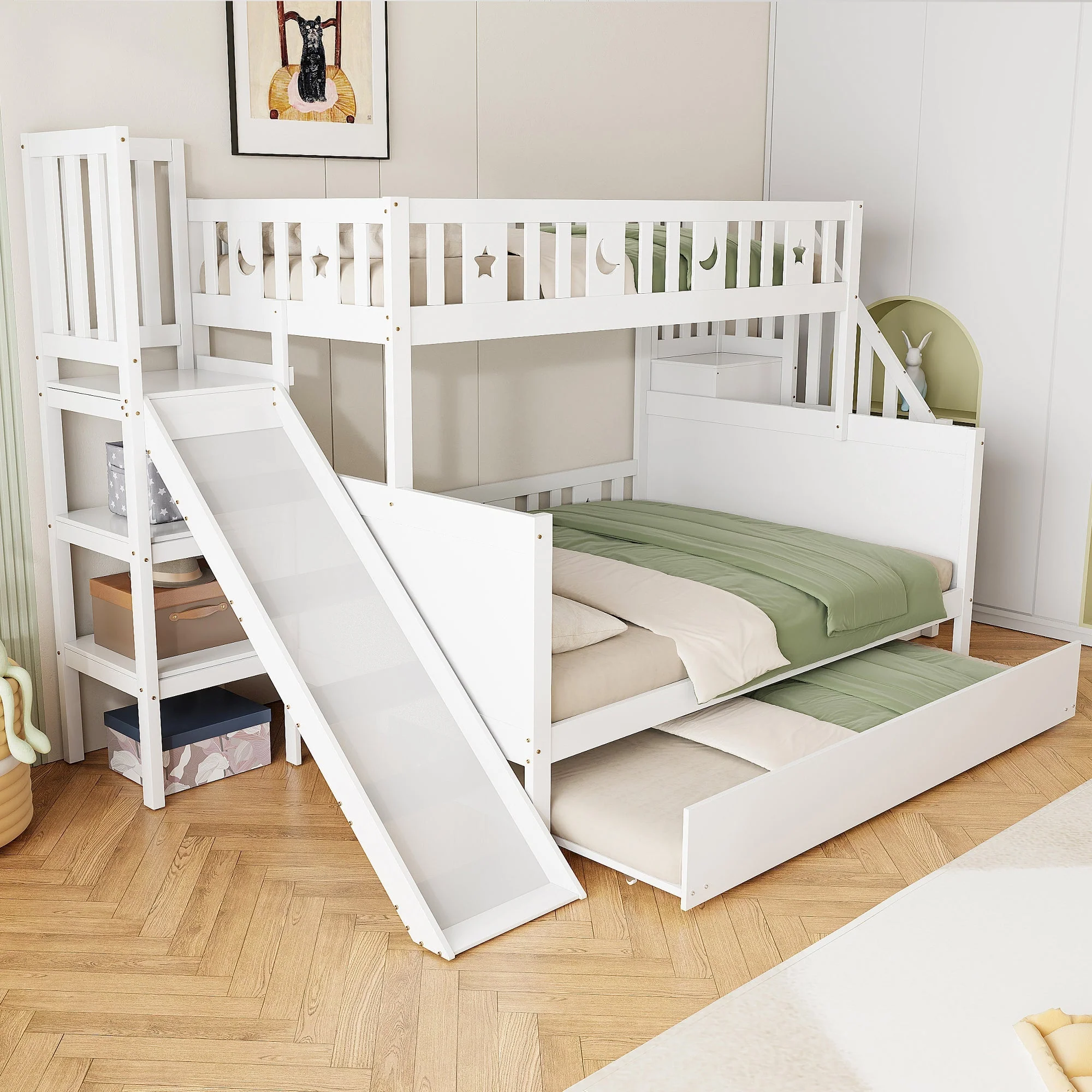 Children's Bed, Bunk with Slide, Shelf, Trundle & Slatted Frame, Solid Wood, White - Image 2