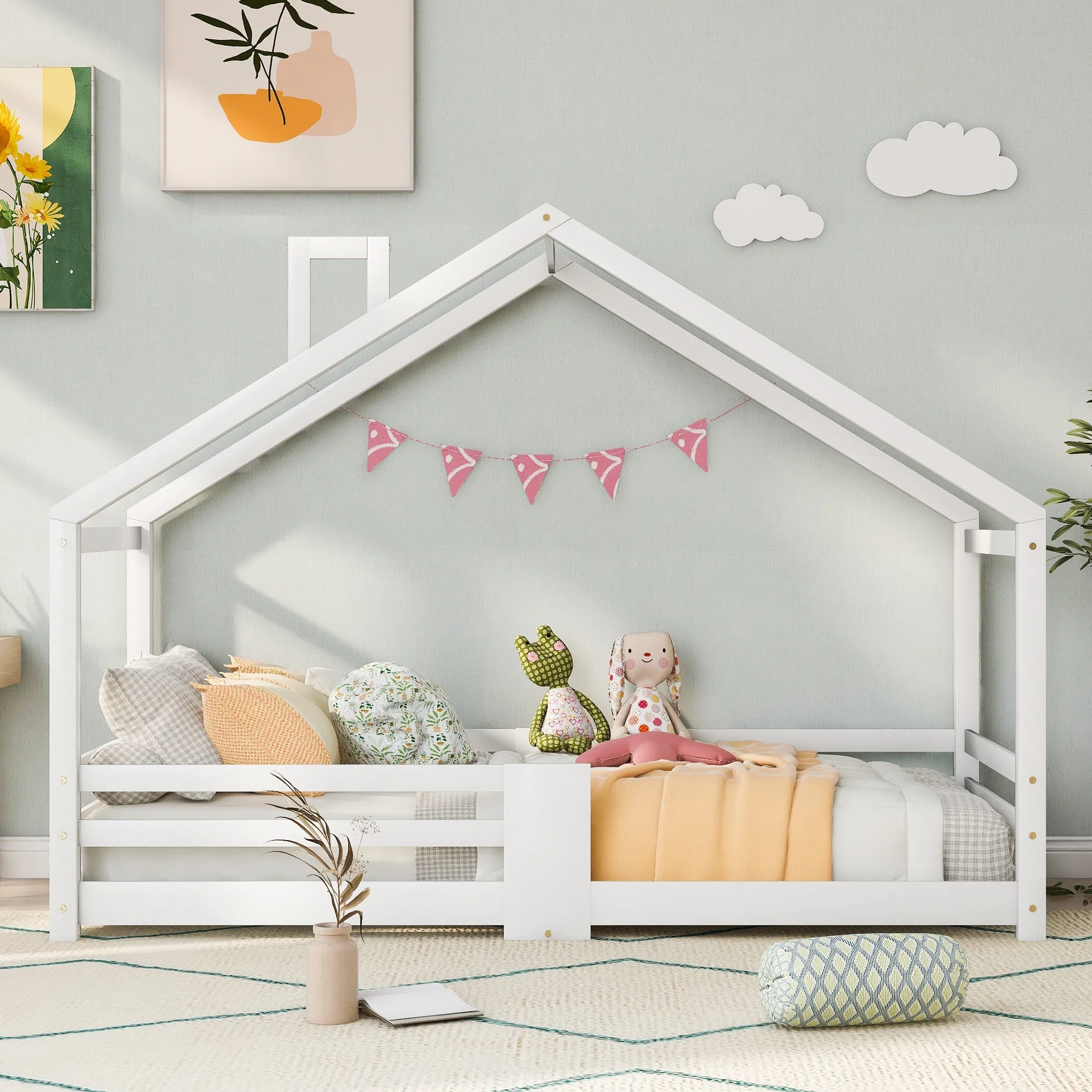Children's Bed House Bed with Chimney, Fall Protection, Slatted Frames, Pinewood, White - Image 3