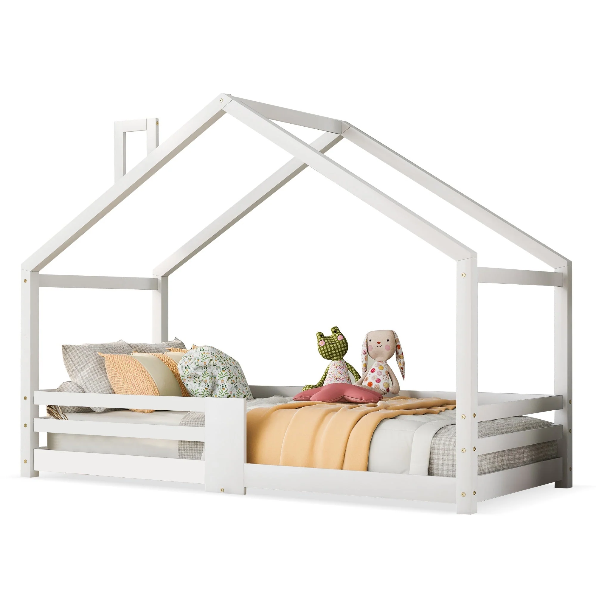 Children's Bed House Bed with Chimney, Fall Protection, Slatted Frames, Pinewood, White - Image 9