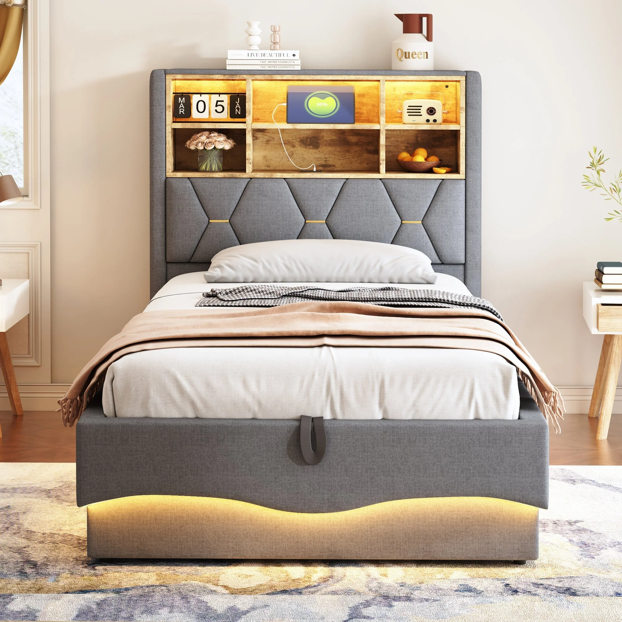 Children's Bed Hydraulic Storage LED USB Metal Frame, Grey Linen - Image 2