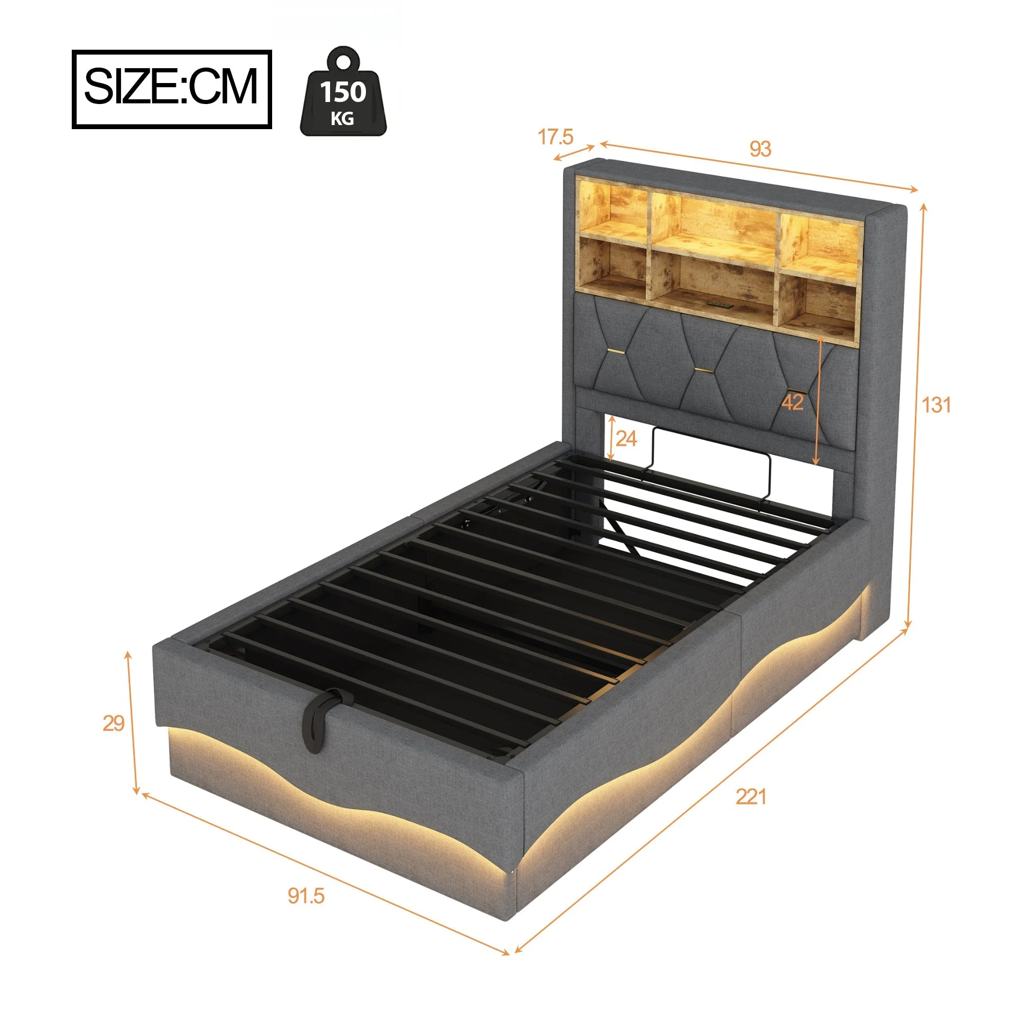 Children's Bed Hydraulic Storage LED USB Metal Frame, Grey Linen - Image 5