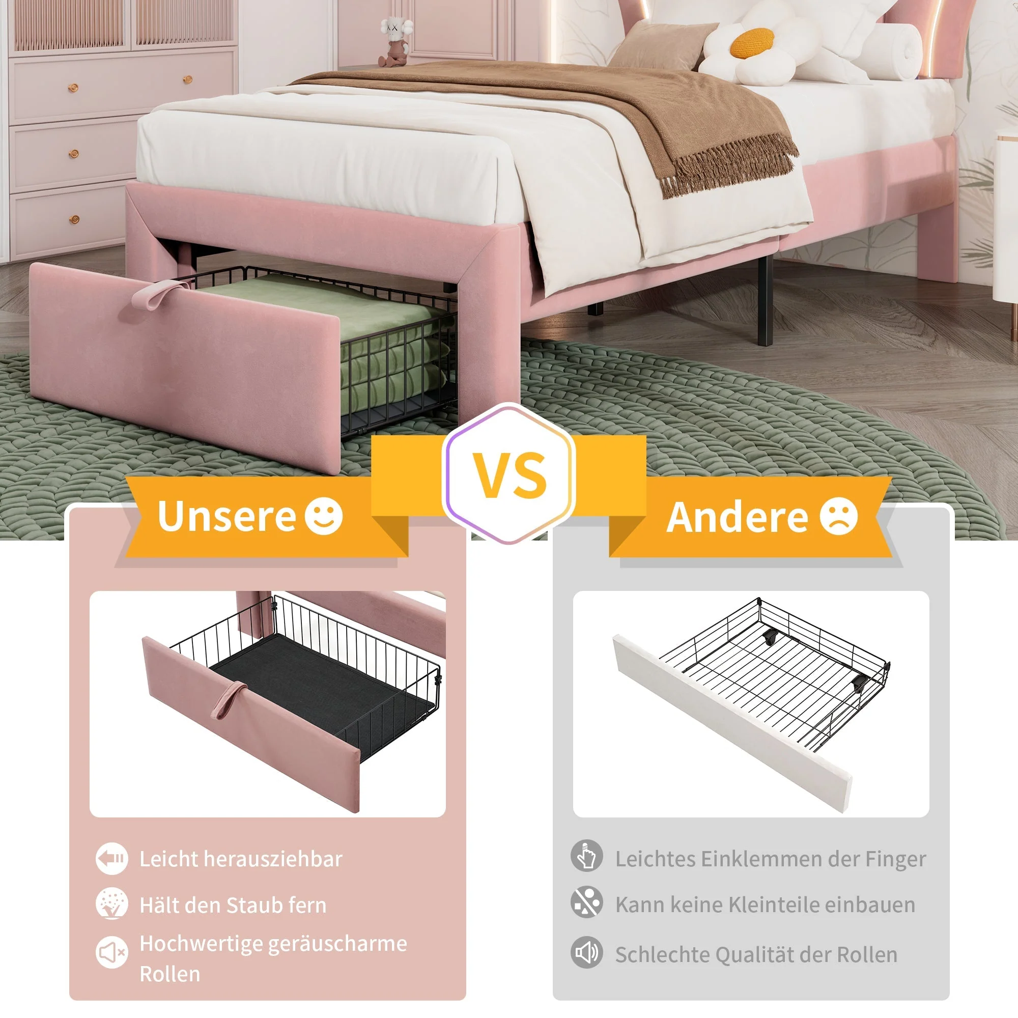 Children's Bed LED Single, 90 x 190 cm with Drawers, Adjustable Headboard, Velvet Pink - Image 3