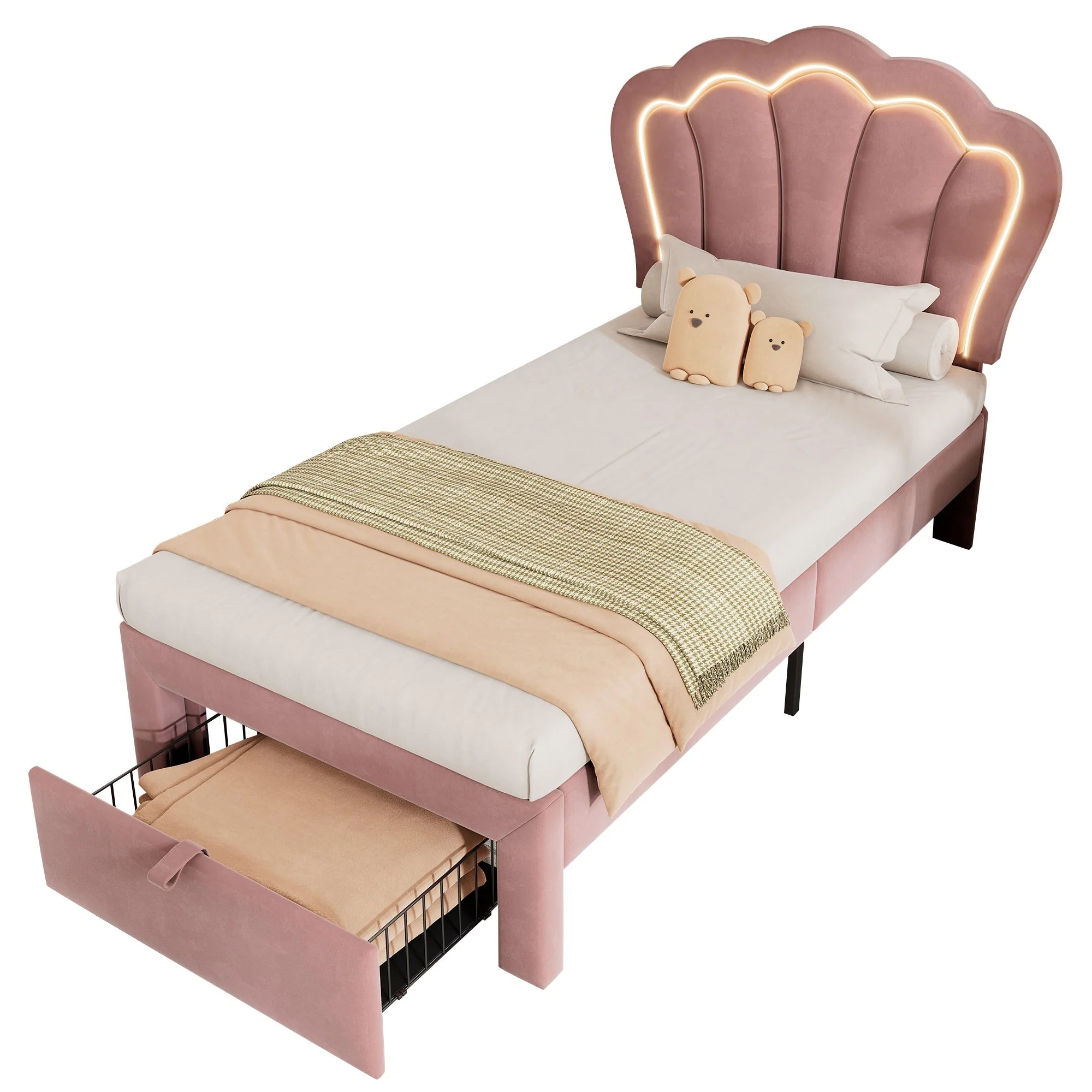 Children's Bed LED Single, 90 x 190 cm with Drawers, Adjustable Headboard, Velvet Pink - Image 5