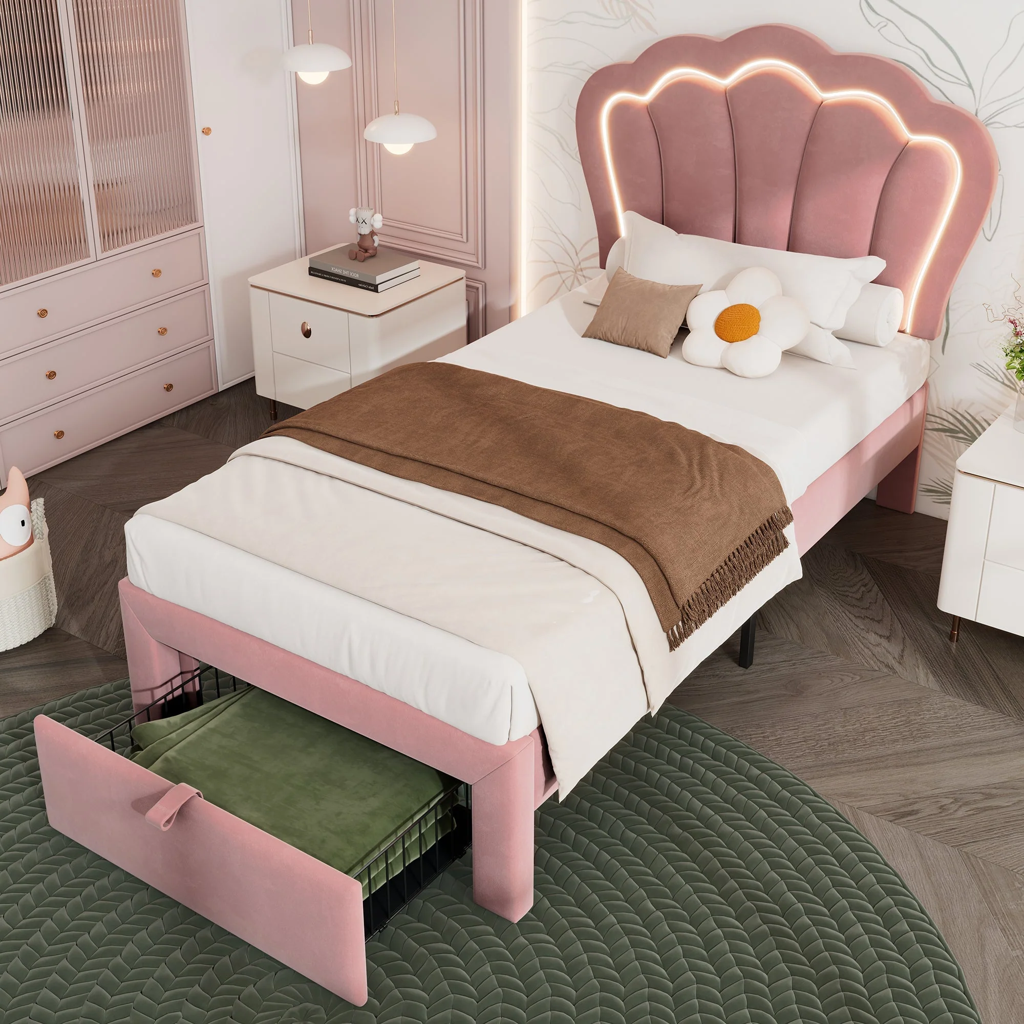 Children's Bed LED Single, 90 x 190 cm with Drawers, Adjustable Headboard, Velvet Pink - Image 9