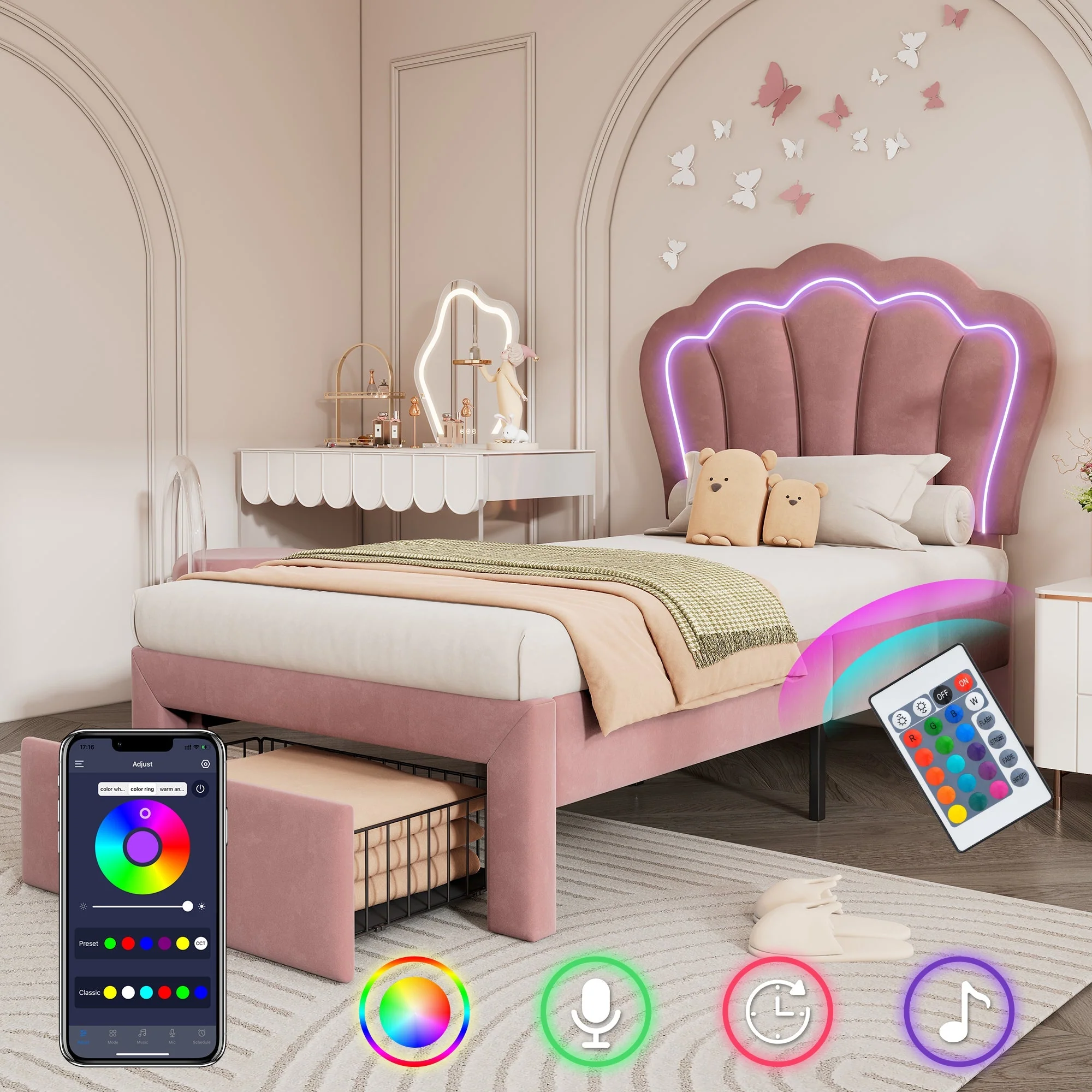 Children's Bed, LED Single with Drawers, APP-Control, Adjustable Headboard, Velvet Pink - Image 8