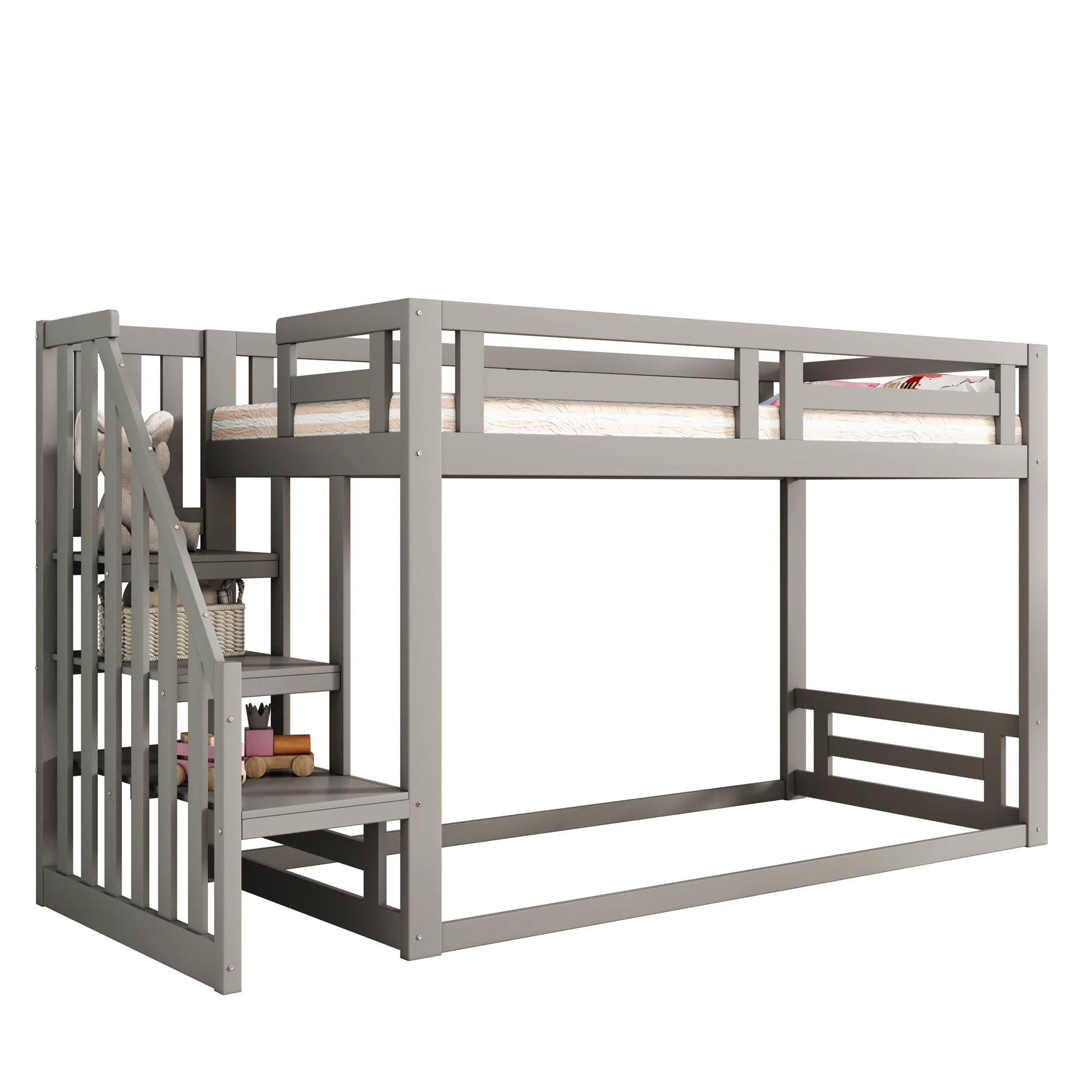 Children's Bed, Low Bunk with Safety Stairs, Solid Wood Gray - Image 10