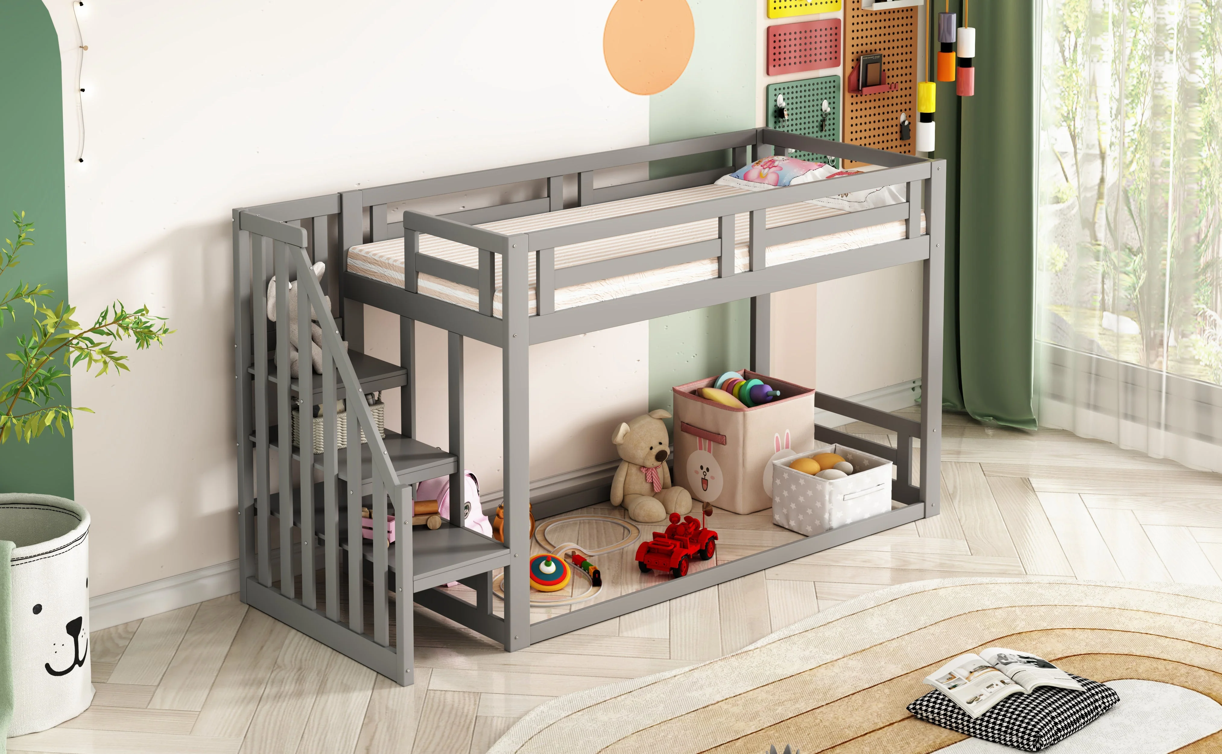 Children's Bed, Low Bunk with Safety Stairs, Solid Wood Gray - Image 4