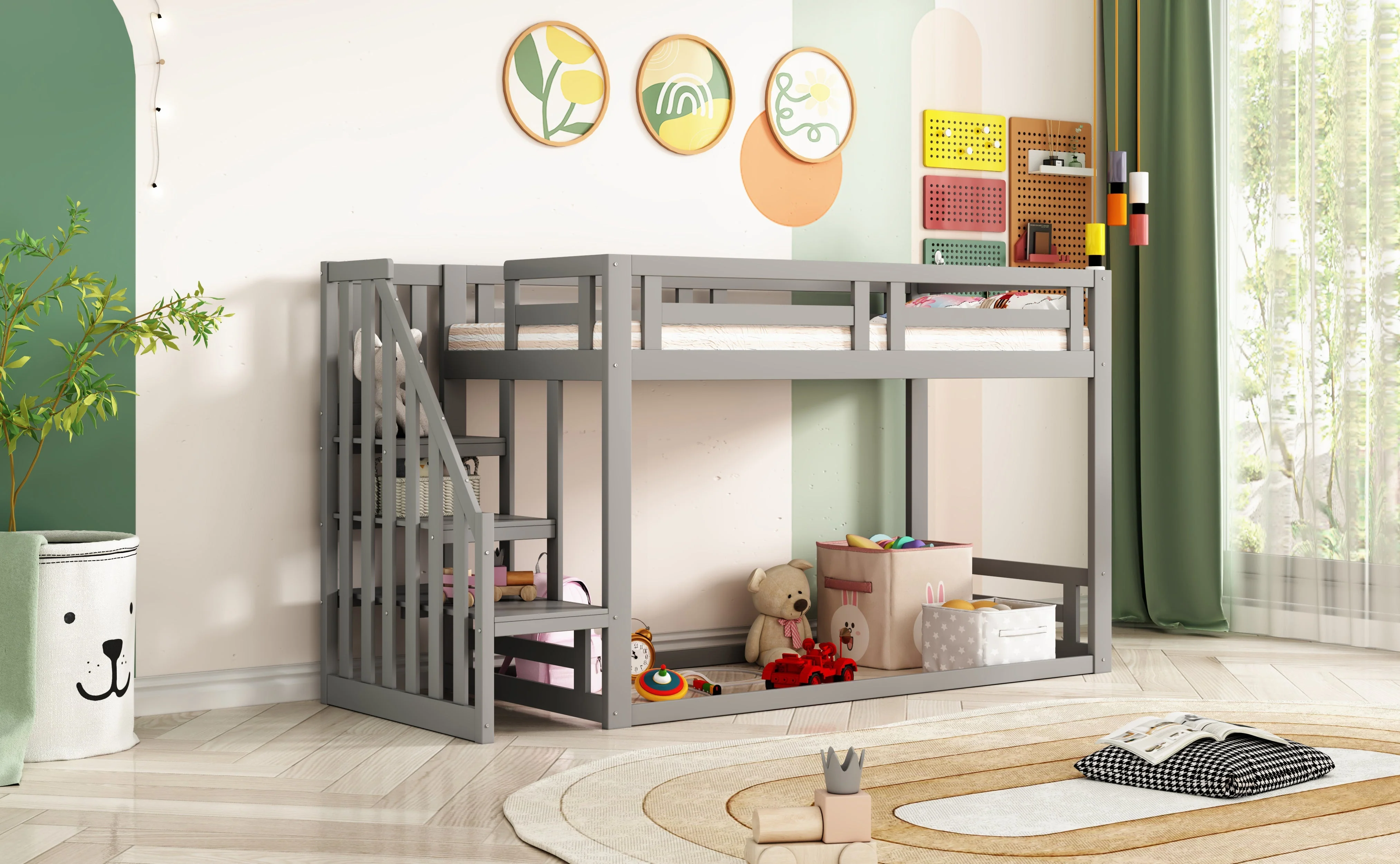 Children's Bed, Low Bunk with Safety Stairs, Solid Wood Gray - Image 7