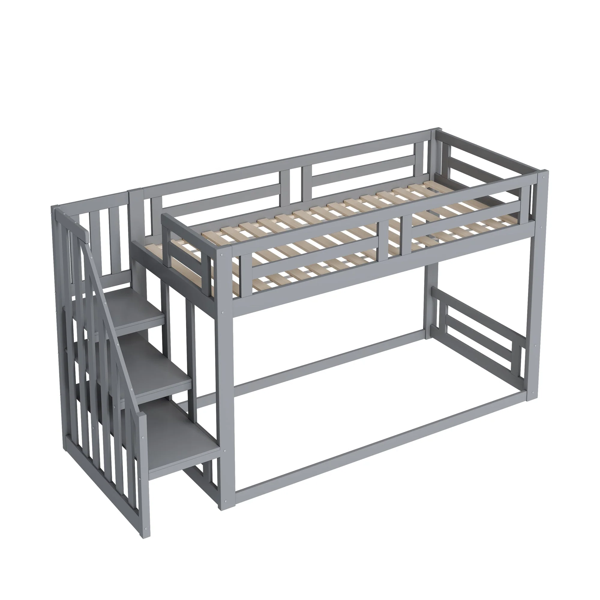 Children's Bed, Low Bunk with Safety Stairs, Solid Wood Gray - Image 9