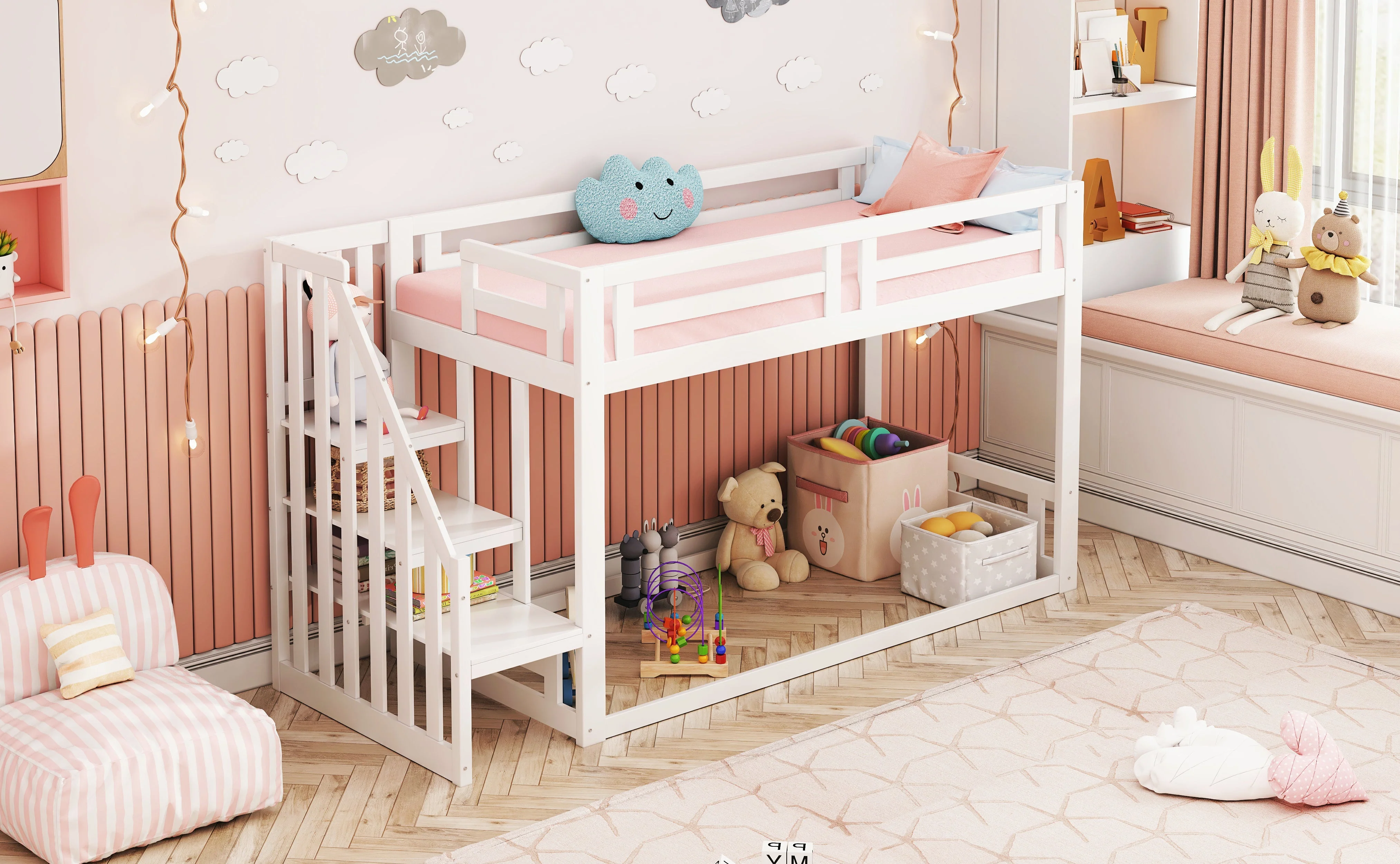 Children's Bed, Low Bunk with Safety Stairs, Solid Wood, White - Image 5
