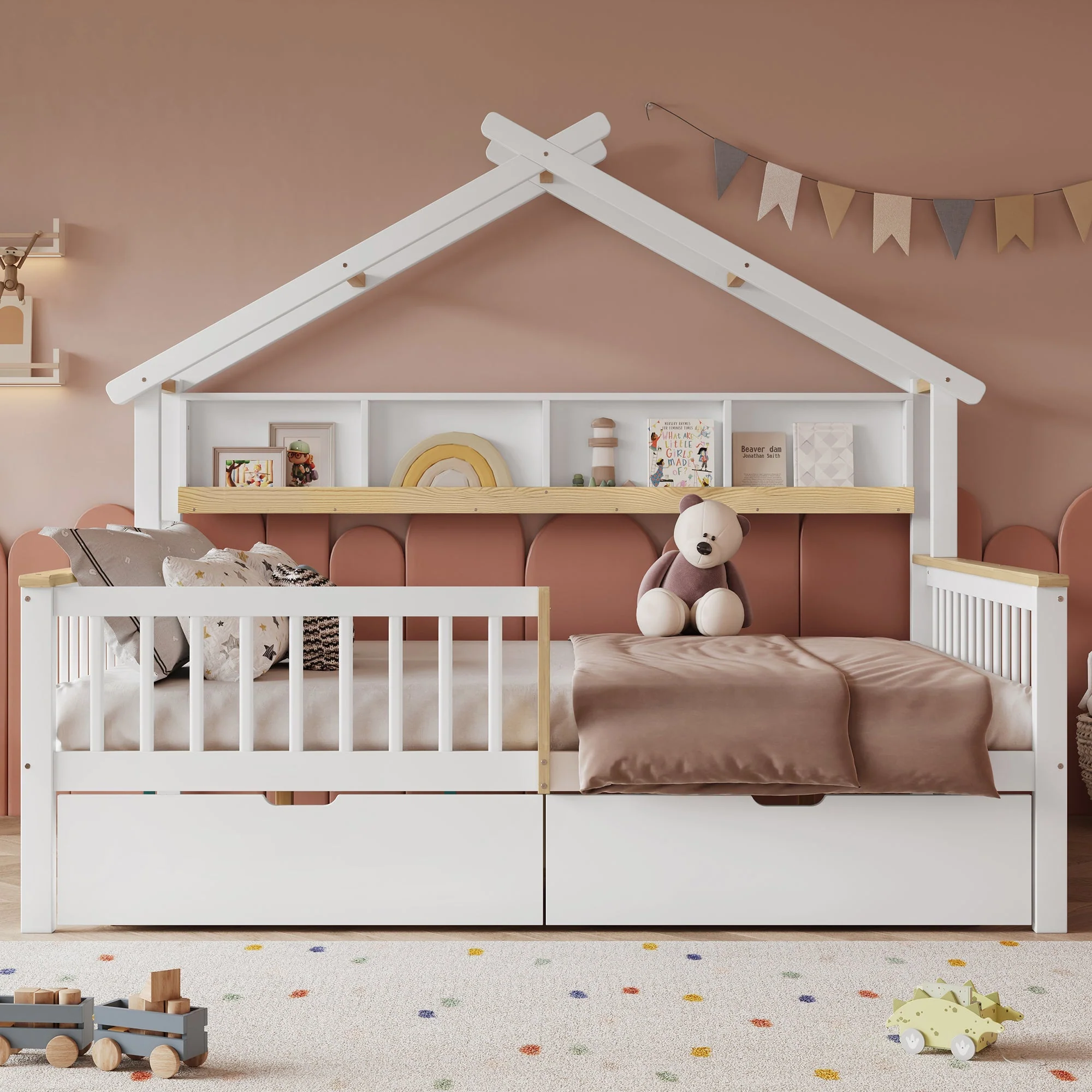 Children's Bed Roof Design, Railing, Storage Drawers, 140x200cm, Pine+MDF White/Natural - Image 2