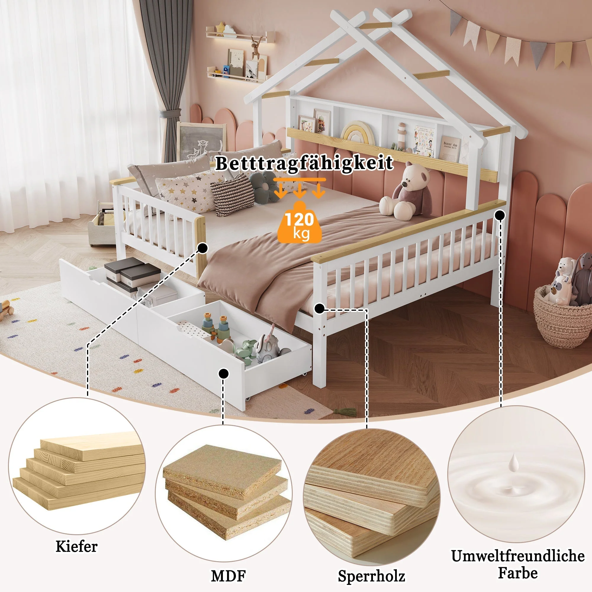 Children's Bed Roof Design, Railing, Storage Drawers, 140x200cm, Pine+MDF White/Natural - Image 4