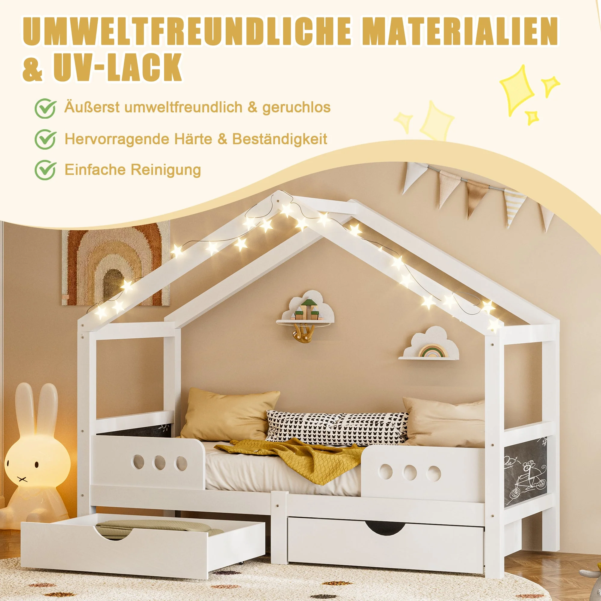 Children's Bed, Roof Design with 2 Drawers, UV Varnish Wood+MDF - Image 5