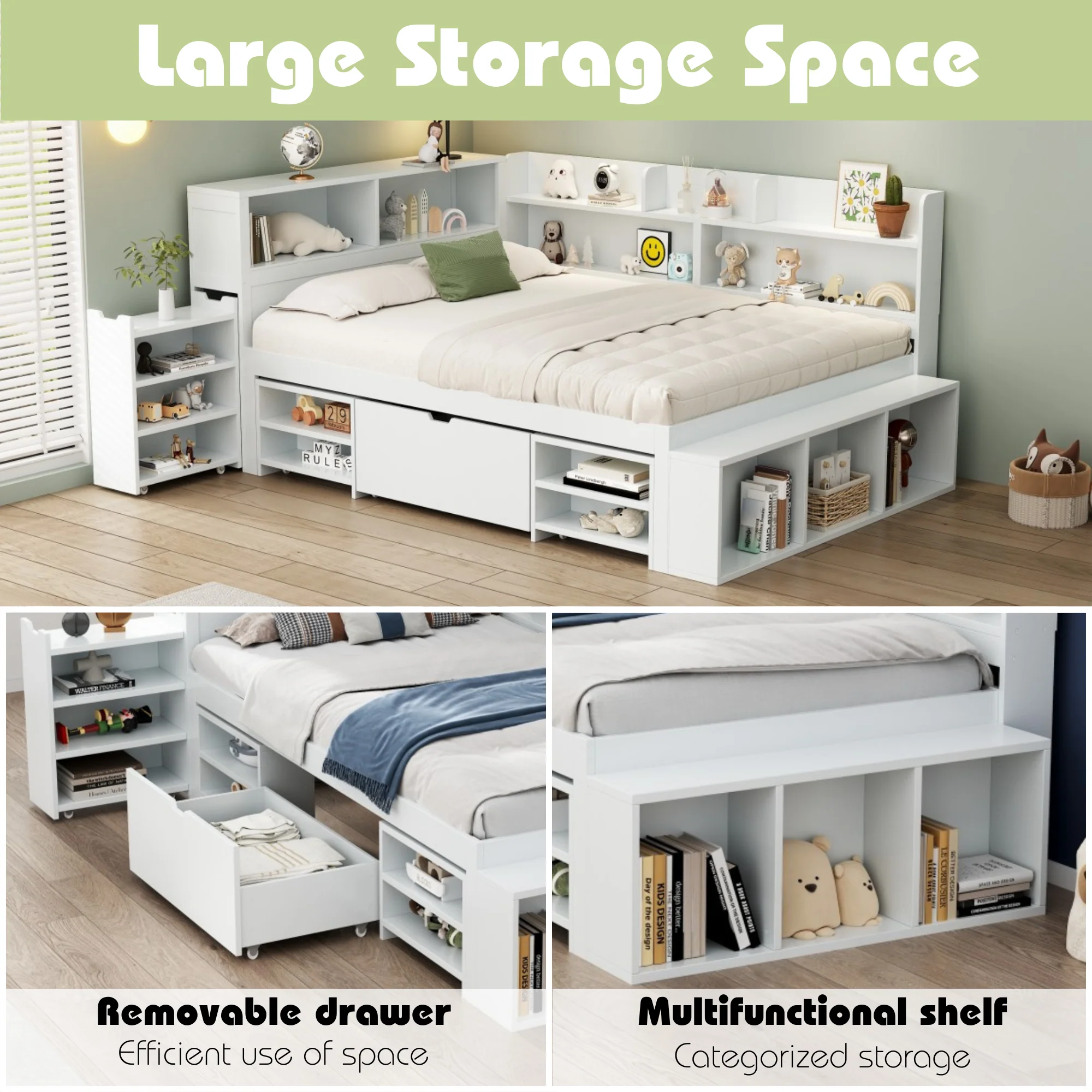 Children's Bed Single 3ft (90x190cm) with Drawers, Bookcase & Storage Cupboard, White - Image 4
